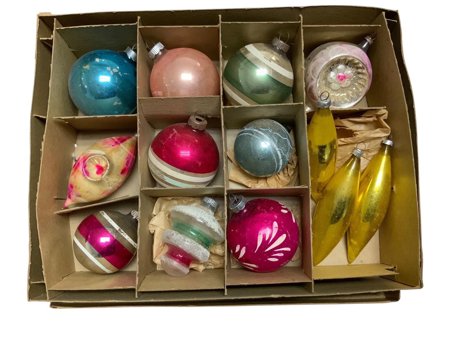Mid-century Blown Glass Christmas Ornaments Teardrops, Indents and Classic Rounds: Mid-century Blown Glass Christmas Ornaments Teardrops, Indents and Classic Rounds. As shown, imperfect and dusty. Not cracked or broken. Box shown is included but may not describe the ornaments inside
