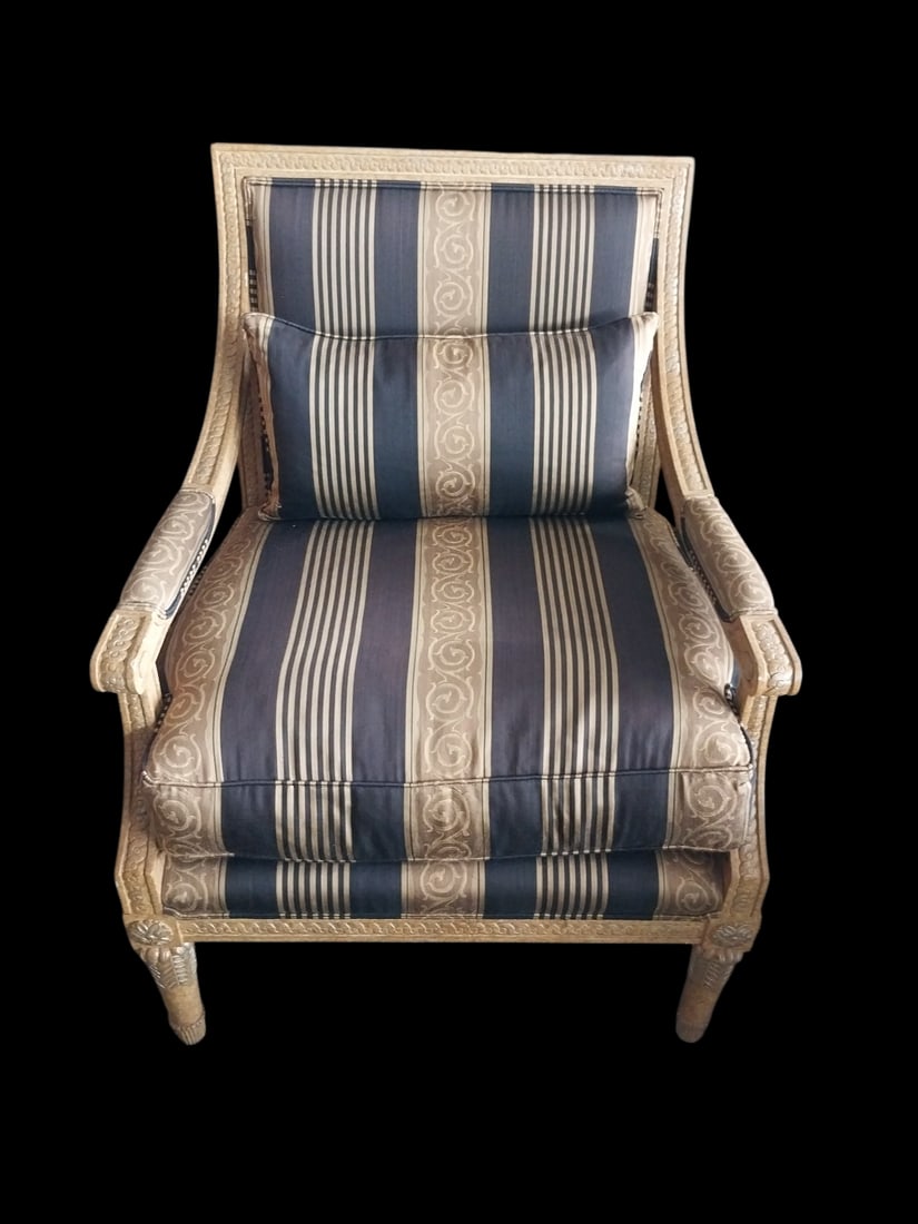 Marge Carson upolstered Arm Chair: Marge Carson upolstered Arm Chair in excellent condition has a few chips in paint as pictured 38 inches tall 28 1/2 inches wide and 24 inches deep.===================PLEASE READ===================Ship