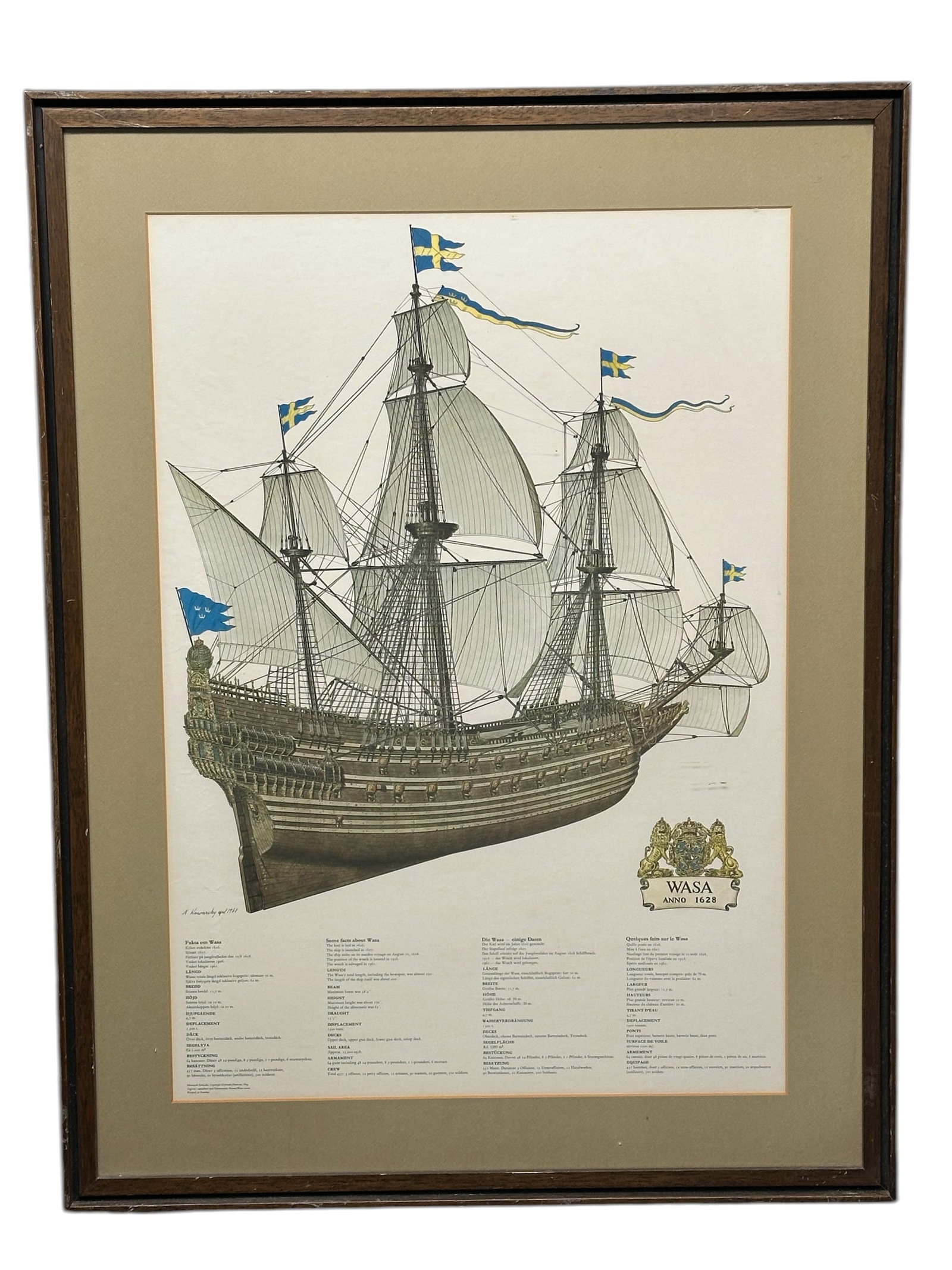 Vtg Framed Lithograph Print 'WASA ANNO 1628' (1 of 5)