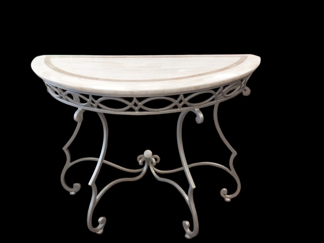 Dem-lune Console Metal and ResinTop: Dem-lune Console Metal and ResinTop. In good condition measures 42 inches wide 19 inches deep and 32 inches tall. ==================PLEASE READ===================Shipping for this lot is available ONL