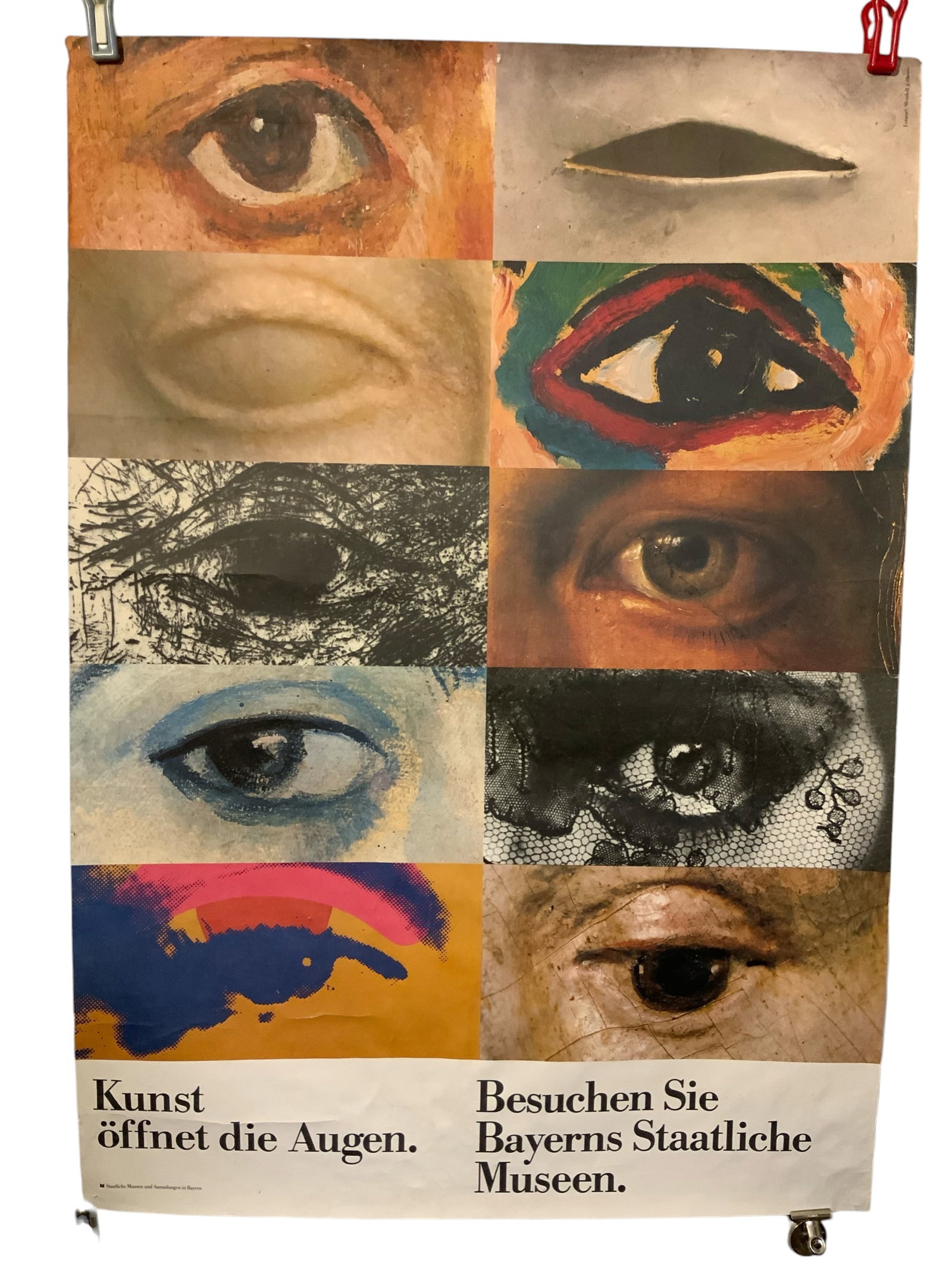 Poster: 1984 Promotional for Bavaria's State Museums "Art Opens The Eyes" Pierre Mendell: Poster: 1984 Promotional for Bavaria's State Museums "Art Opens The Eyes" Pierre Mendell. Has some pin holes from previous hanging. 23" x 33". ================================= PLEASE READ ===========