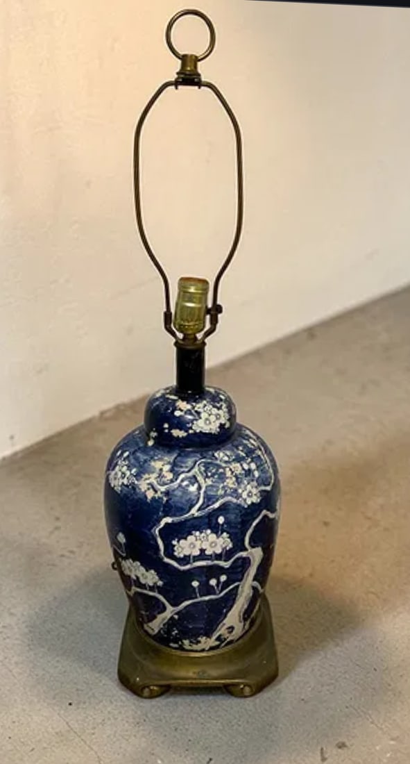 Vintage Asian cherry blossom paint decorated lamp: Vintage Asian Cherry Blossom Painted Porcelain Table Lamp w/ Brass Base & 3-way switch. Some paint loss around the top but the design is mostly clear. 18" to the top of the bulb socket. ==============