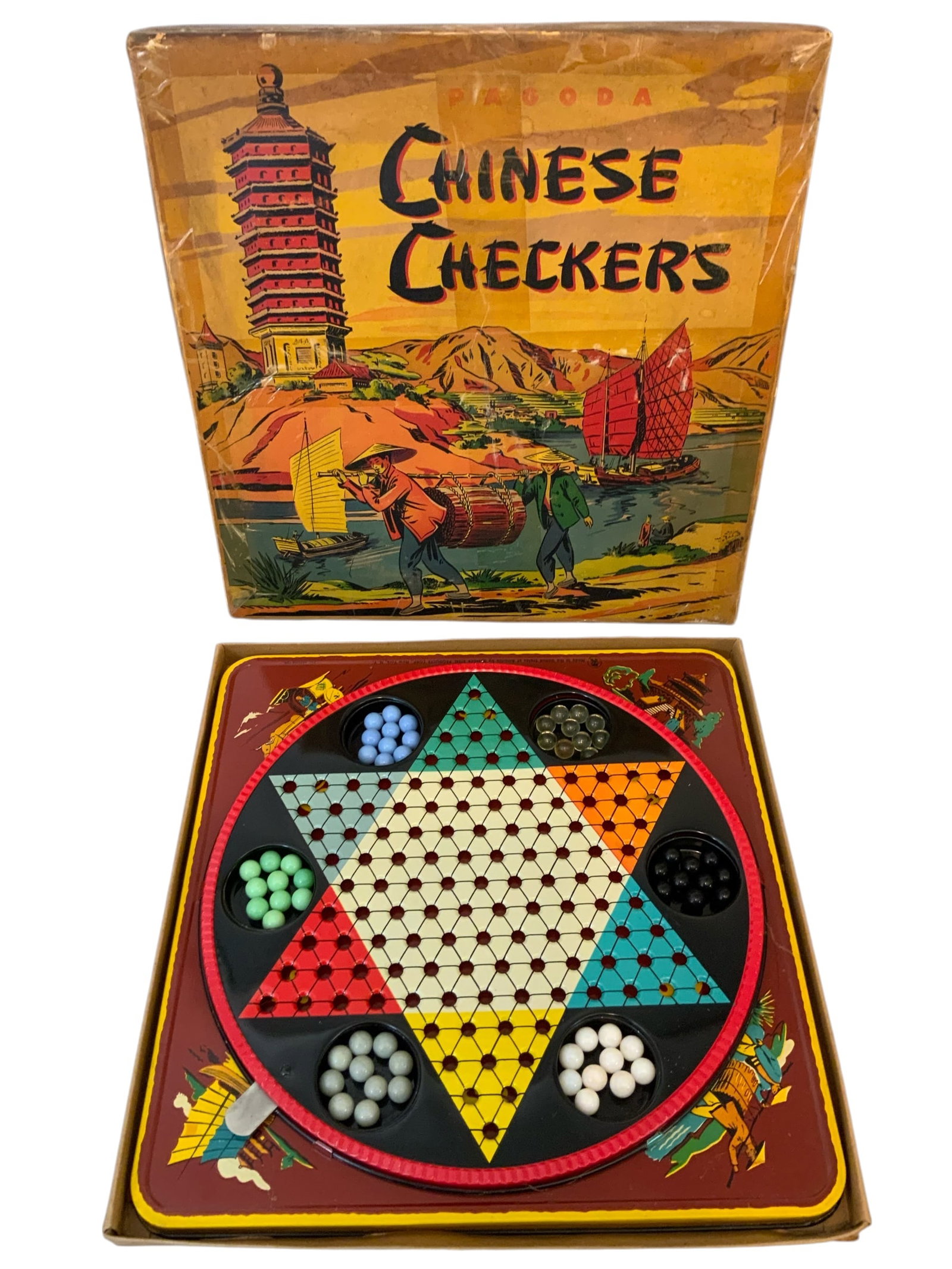 Vtg Pagoda Chinese Checkers By Ranger Steel Products: Vtg Pagoda Chinese Checkers By Ranger Steel Products. This is a metal game probably from the 1960s and it looks complete. Box Has tape and is a bit rough. 1" x 16" x 16". ==================PLEASE READ