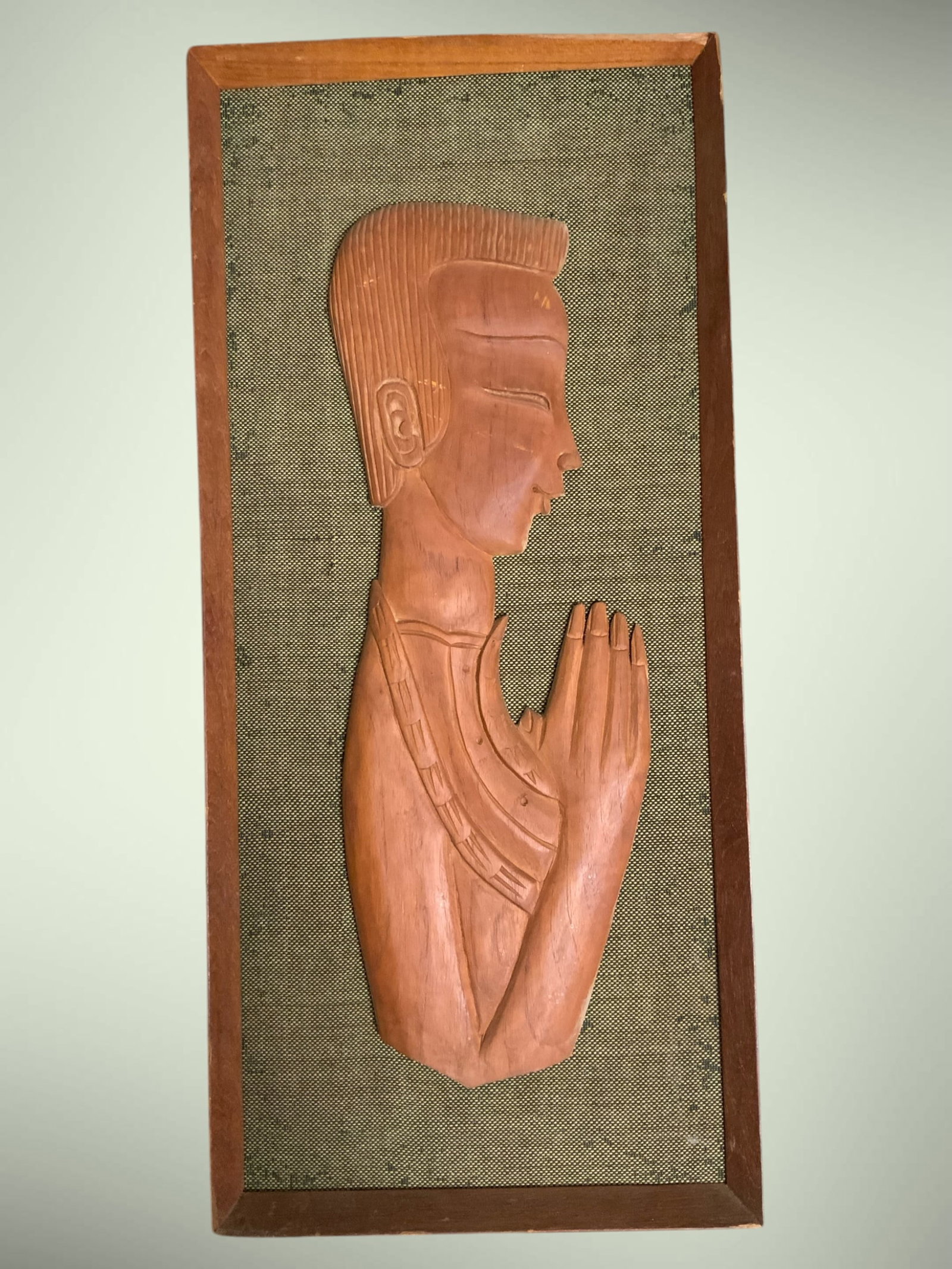 Mid-century Teak Wood Wall Carving Praying Man Framed: Mid-century Teak Wood Wall Carving Praying Man Framed. Minor frame damage. 10" x 22". ================================= PLEASE READ =============================Shipping for this lot is available ONLY