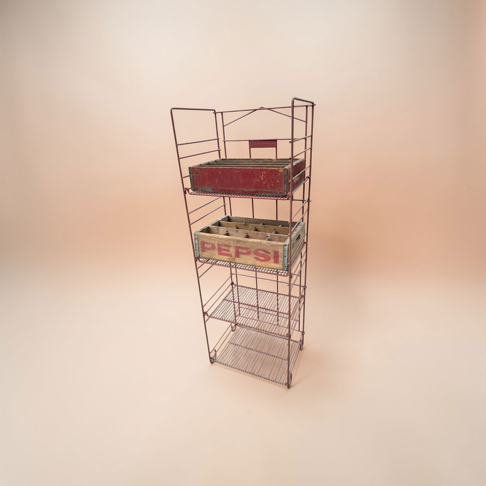 Vintage Dr pepper store soda dispay rack with two wooden cases: Vintage Dr pepper store soda dispay rack with two wooden cases. As shown. Sturdy and folds flat. 13 1/2" x 16 1/2" x 53.=========================PLEASE READ===================Shipping for this lot is