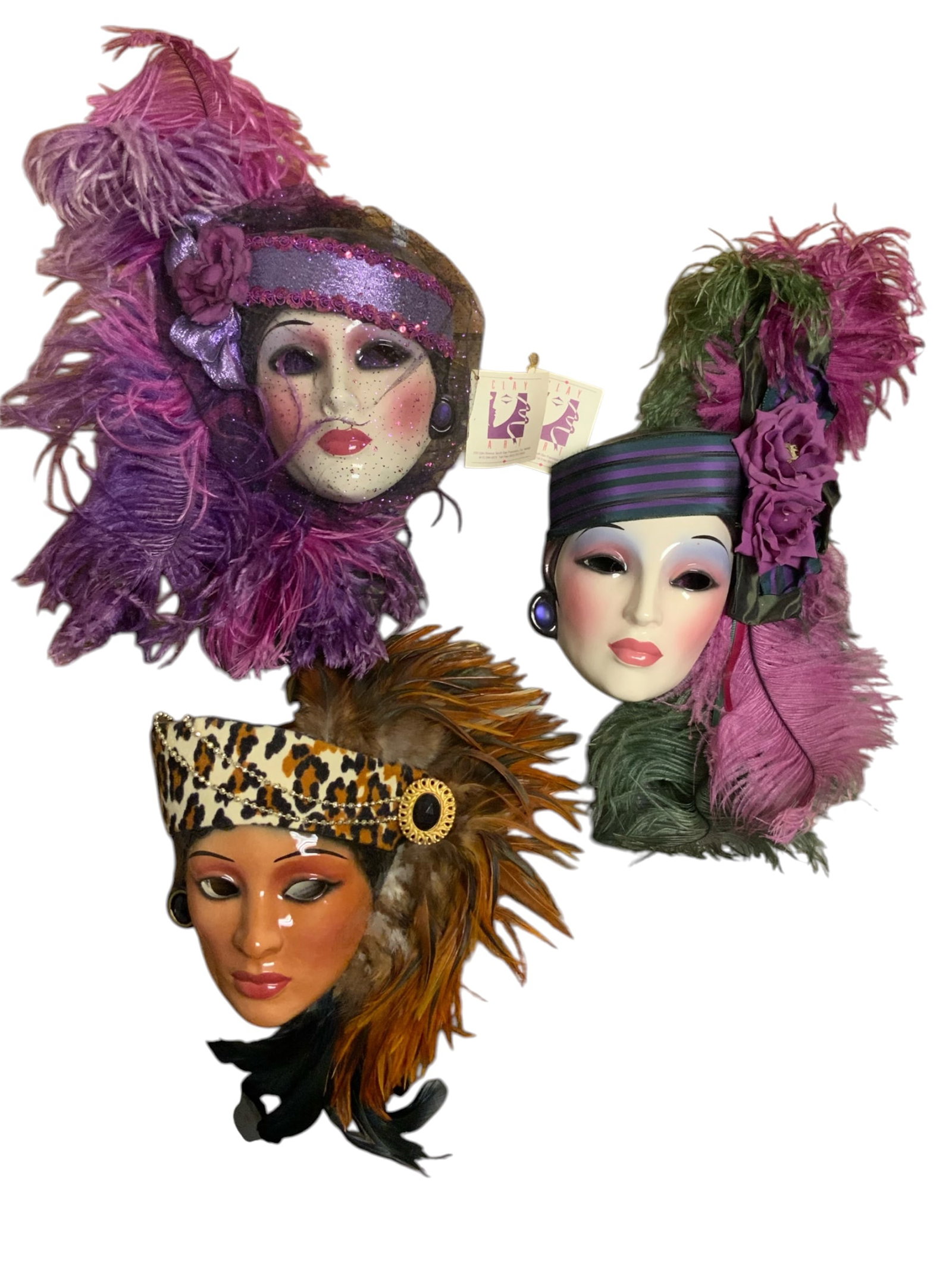 Vintage Clay Art Masquerade Masks / Wall Decorations: Vintage Clay Art Masquerade Masks / Wall Decorations. Tags are still attached but these are NOT new, old stock. They were found on display in the estate and a little dusty. Largest is about 17" feathe