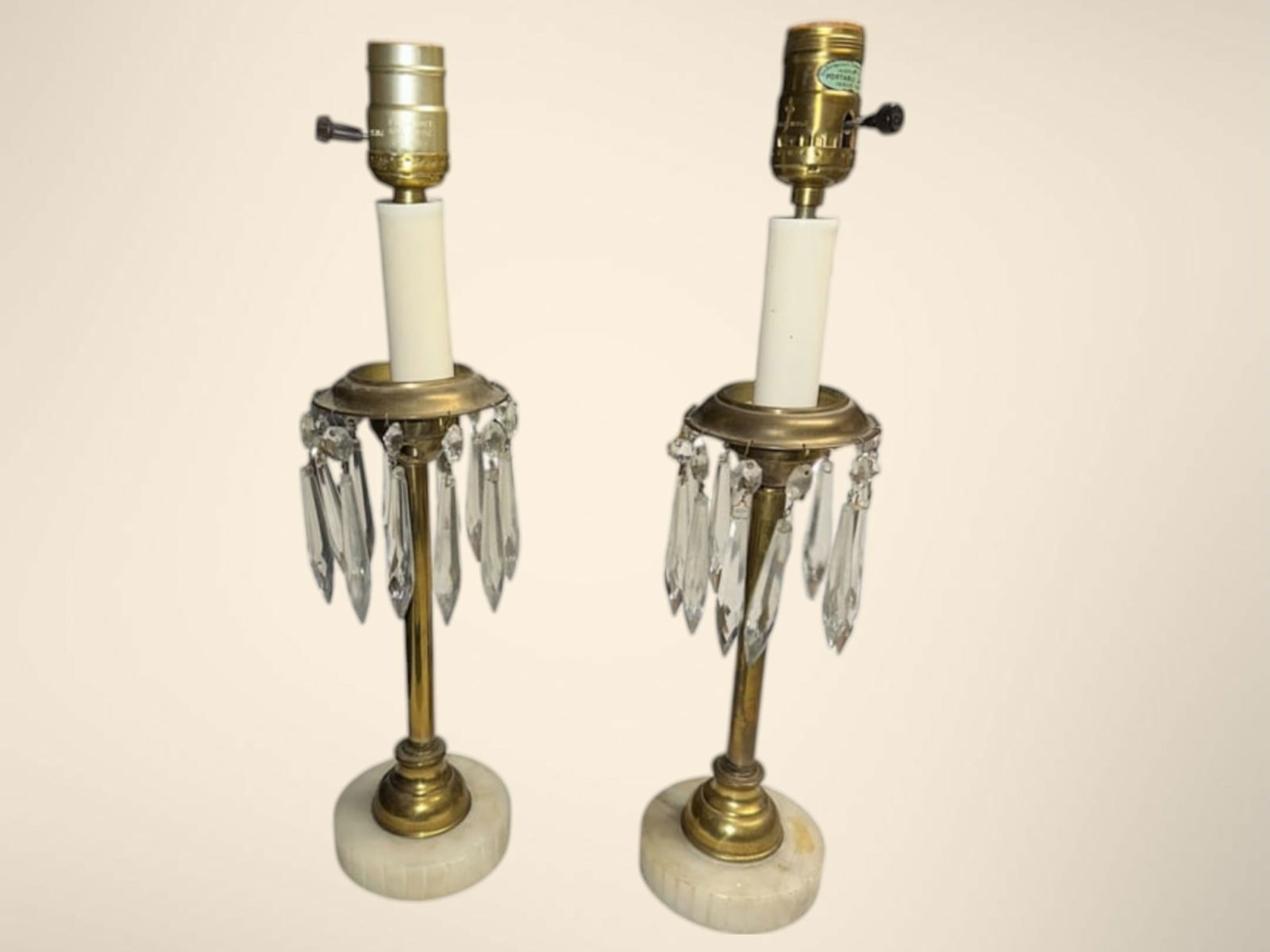 2 Vintage Candlestick Boudoir Lamps with Hanging Prisms and Marble Bases: 2 Vintage Candlestick Boudoir Lamps with Hanging Prisms and Marble Bases. All prisms are present and hanging. One lamp needs tightening.17” tall, 4” diameter base. ========================