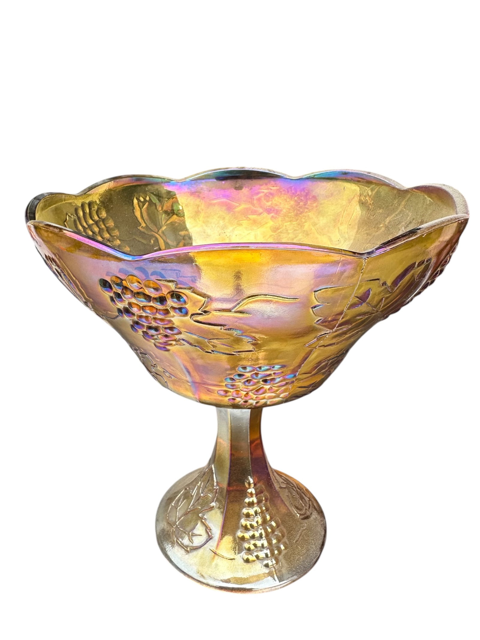 Vintage Indiana Carnival Glass Marigold Compote Harvest Grape (1 of 4)