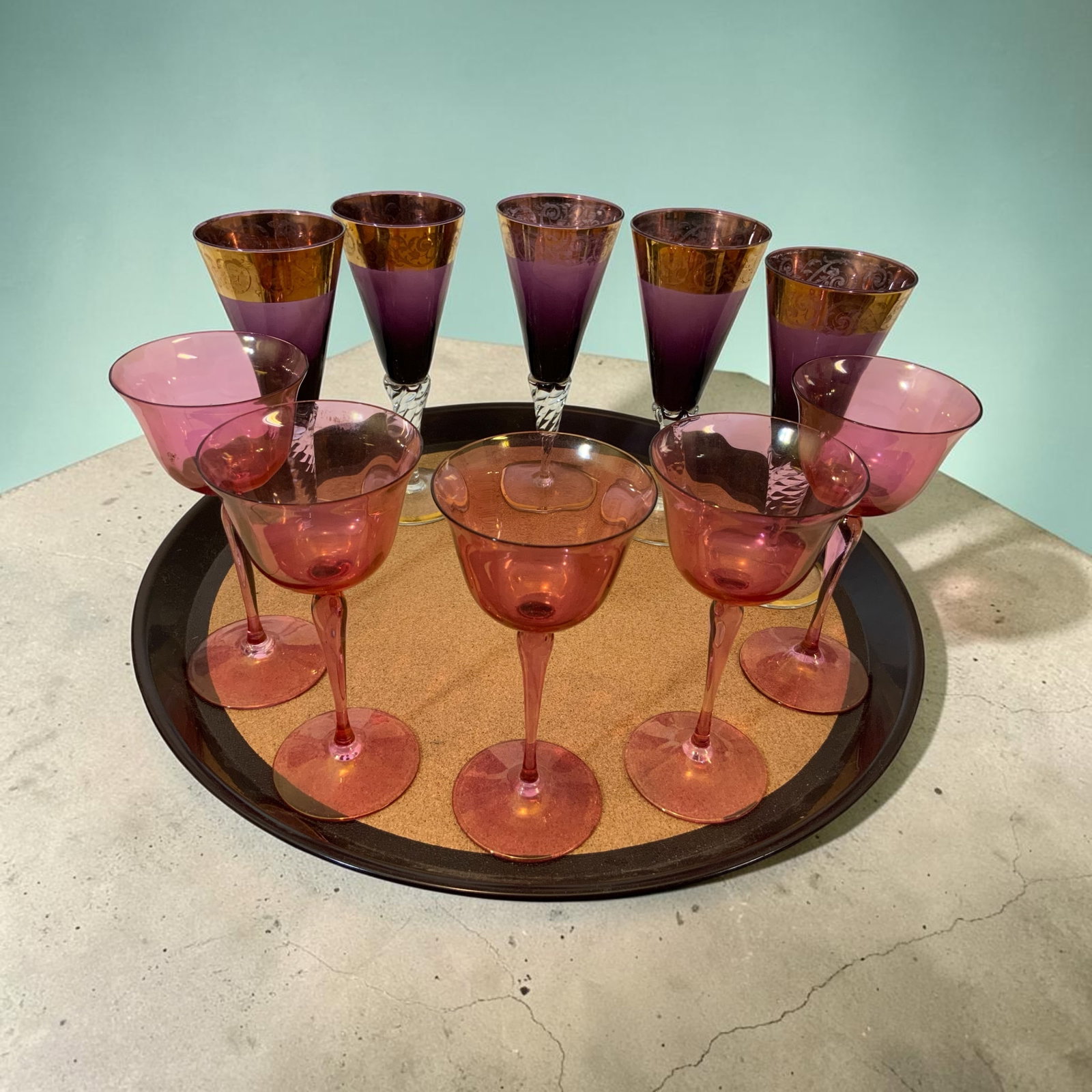 (5) Gold-gilt Amethyst Purple Champagne and (5) Pink Wine Glasses (1 of 5)
