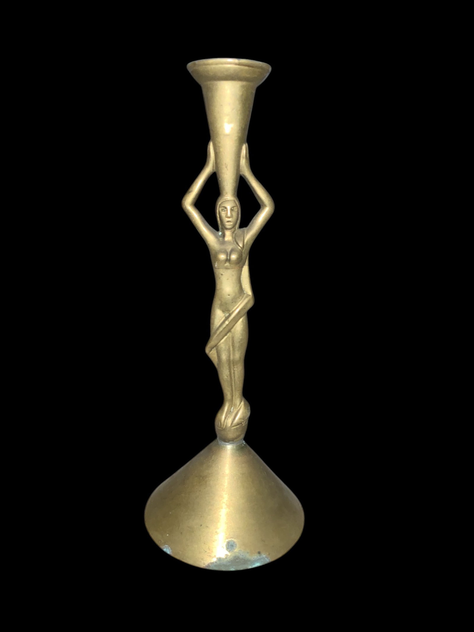 Brass/Bronze Art Nouveau Sculpted Female Nude CandleHolder: Brass/Bronze Art Nouveau Sculpted Female Nude CandleHolder. Nonmagnetic and thought to be bronze. Bidder must decide. 8" tall. >>>>>>>>>>>>>>READ—-READ—-READ—-Shipping for this lot is available 