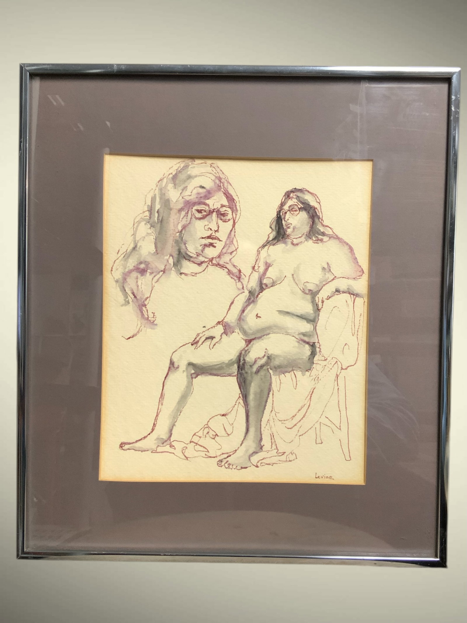 Levine: Figurative Drawing Watercolor / Ink Framed Under Glass: Levine: Figurative Drawing Watercolor / Ink Framed Under Glass. 14 1/4" x 16 1/4". >>>>>>>>>>>>>>READ—-READ—-READ—-Shipping for this lot is available ONLY THROUGH LIVEAUCTIONEERS/LIVESHIPPING. W