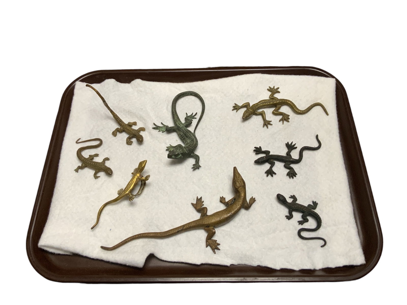 Tray: (8) Solid Brass / Bronze Metal Lizards: Tray: (8) Solid Brass / Bronze Metal Lizards. All are non-magnetic and feel heavy enough to be solid. One is pictured individually to accent the 'bracket' on the belly but also to show a bit of a 'hol