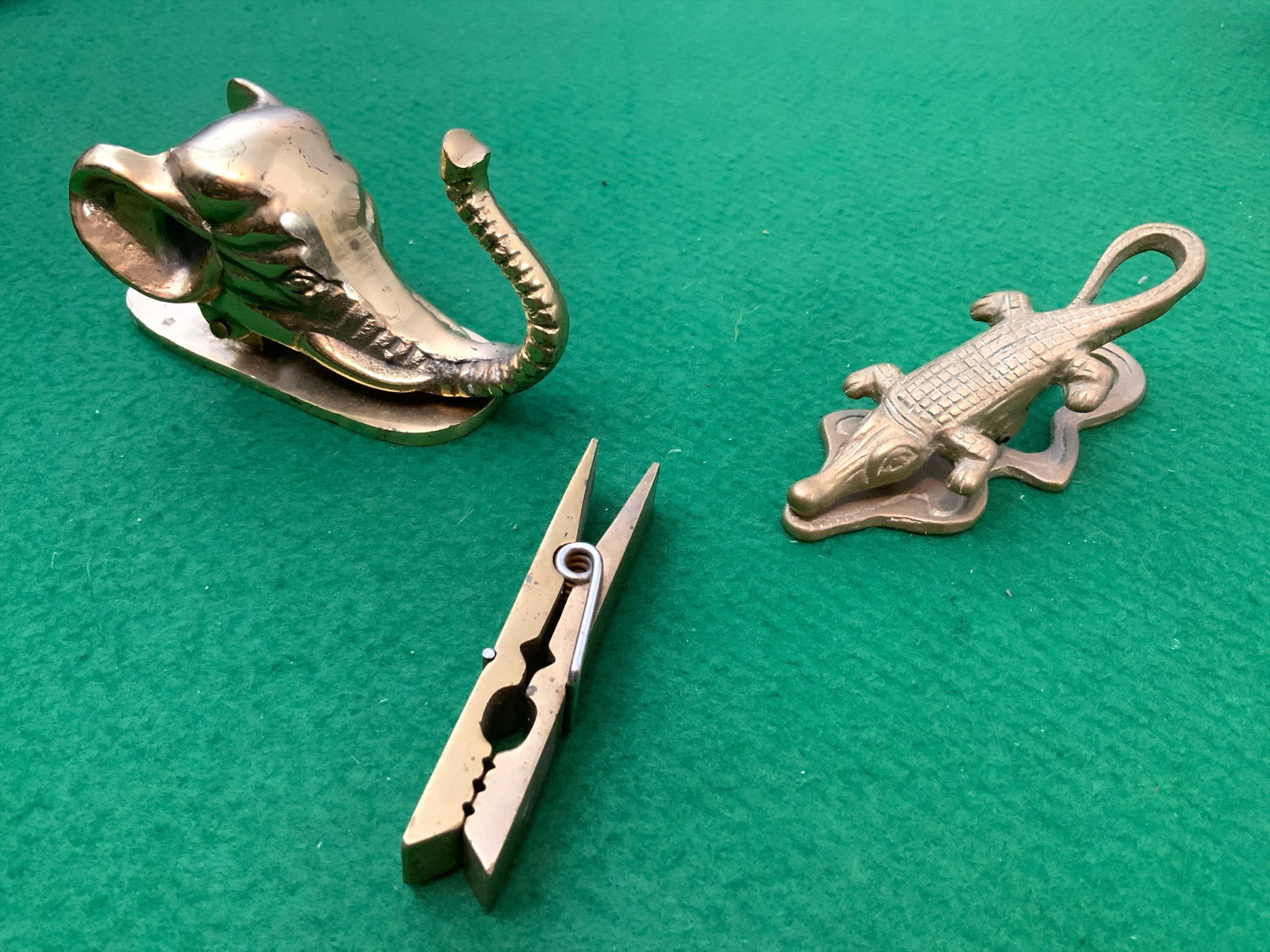 (3) Brass Paper Weights / Clips Elephant Alligator, Clothespin (1 of 4)