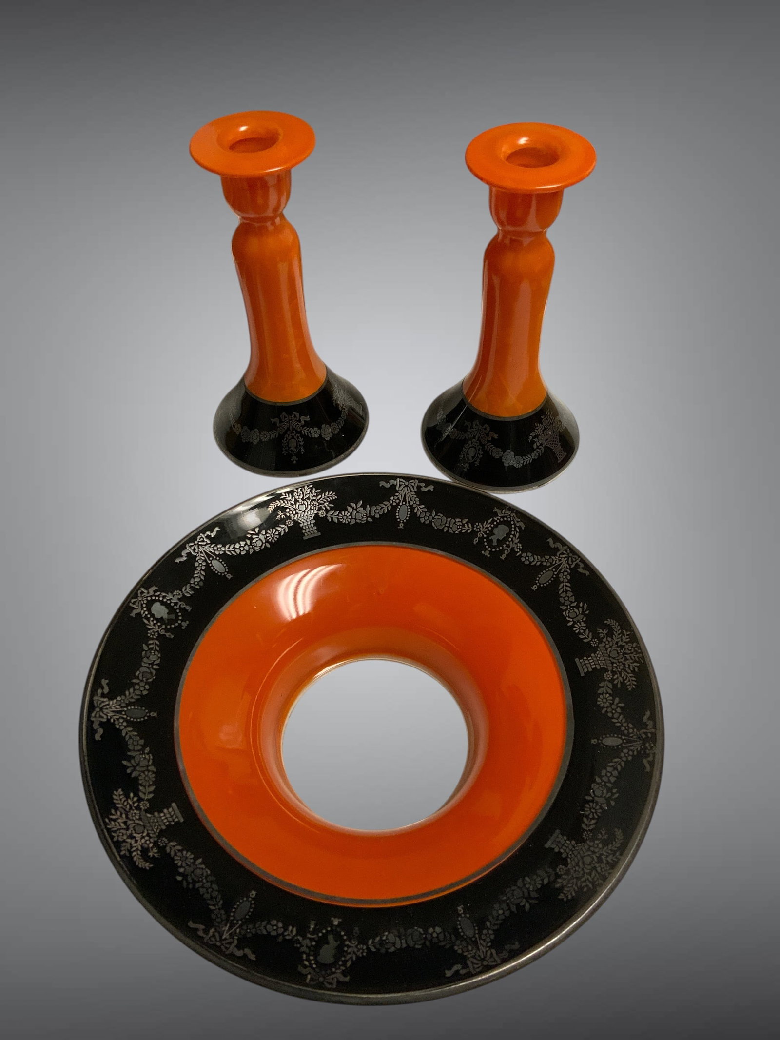 MCM Orange & Black Glass Candlestick Holders and Serving Bowl (1 of 3)