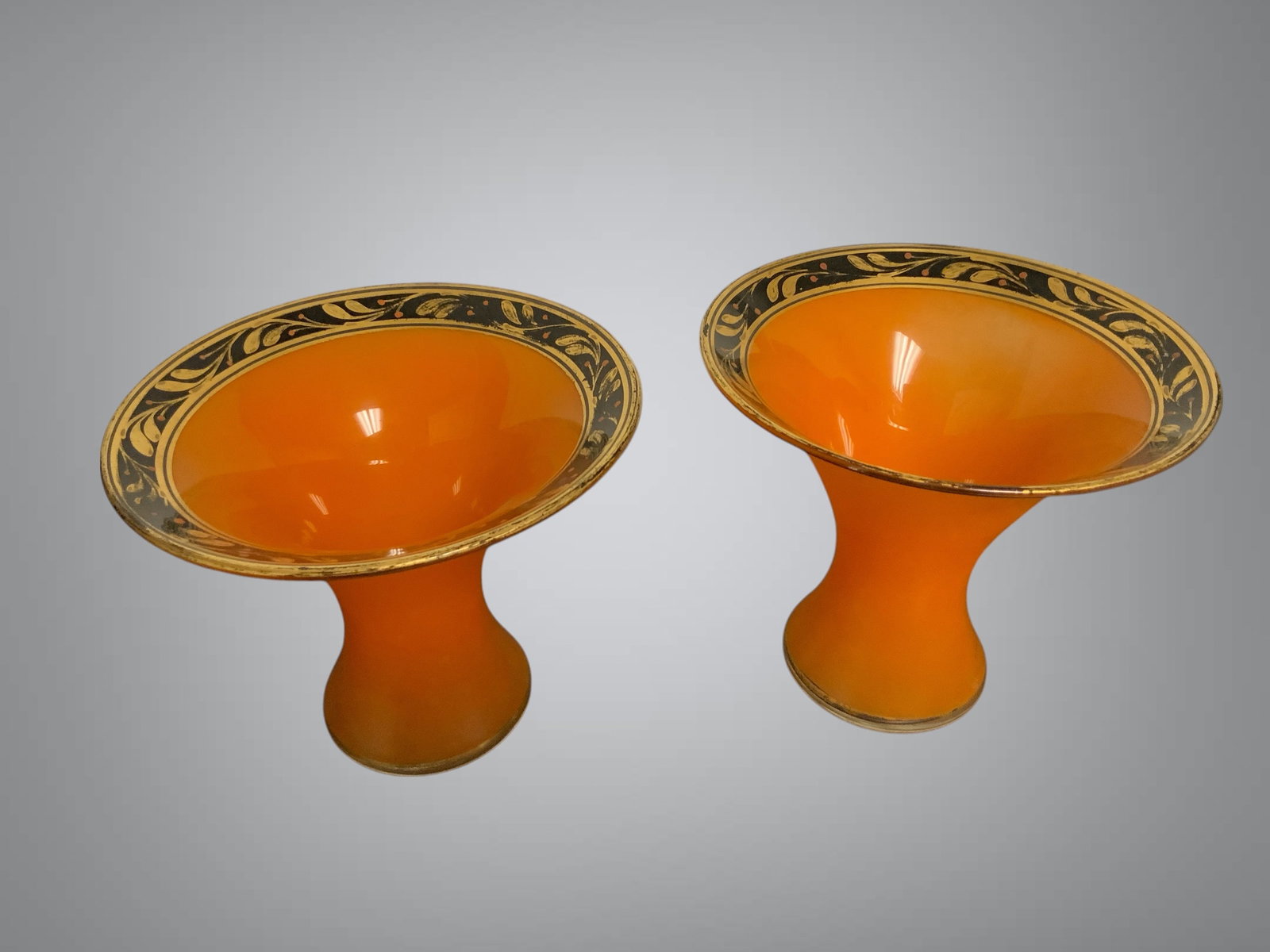 (2) MCM Glass Orange & Black Vases Clear Bottom (1 of 4)