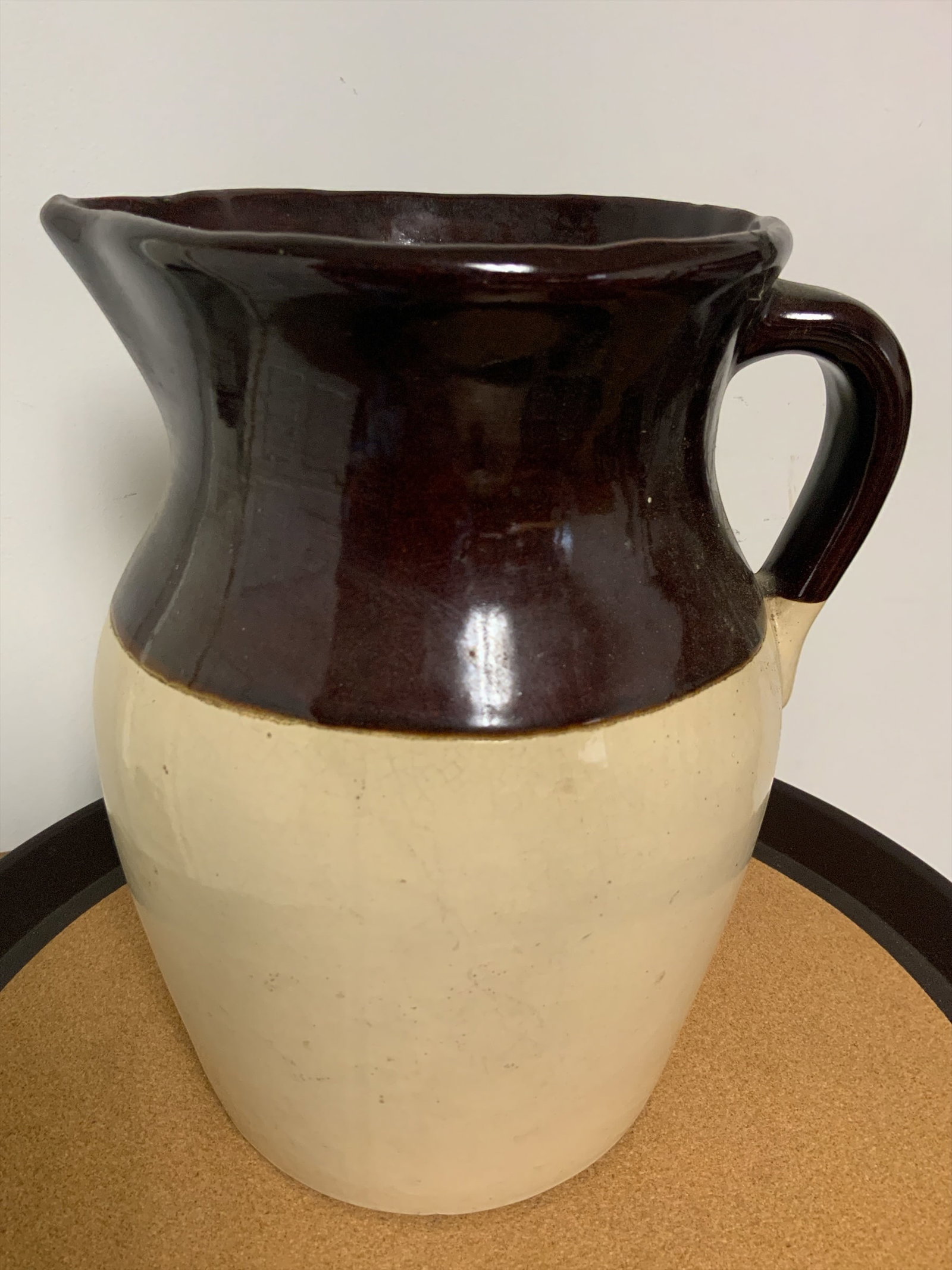 Vtg 2-tone Stoneware Pitcher Glossy Dark Brown over Tan (1 of 7)