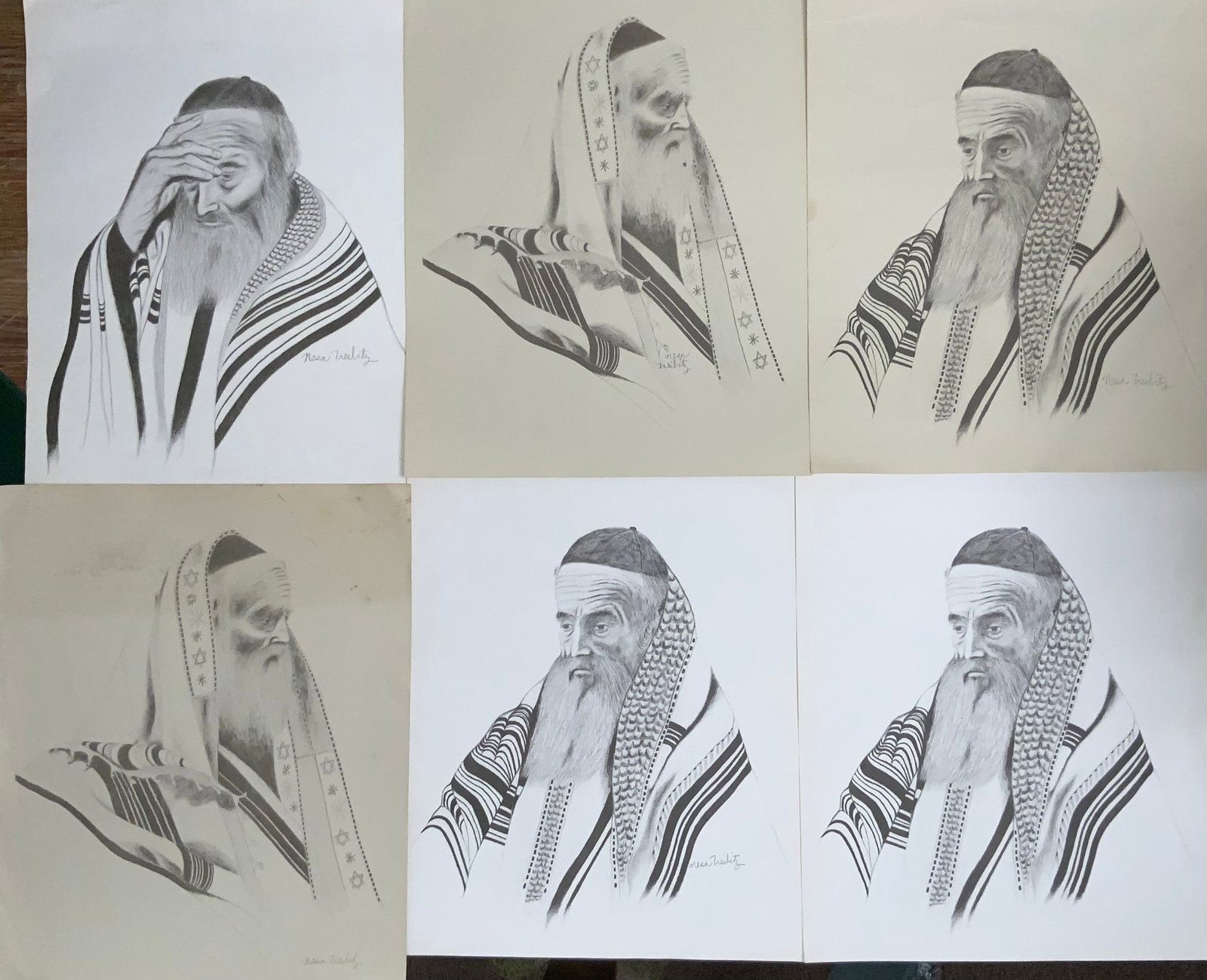 (6) Nesa(Nancy) Treibitz Prints Rabbi Theme: (6) Nesa(Nancy) Treibitz Prints Rabbi Theme. 5 of 6 appear to be live-signed in pencil. 16" x 20". .>>>>>>>>>>>>>>READ—-READ—-READ—-Shipping for this lot is available ONLY THROUGH LIVEAUCTIONEER