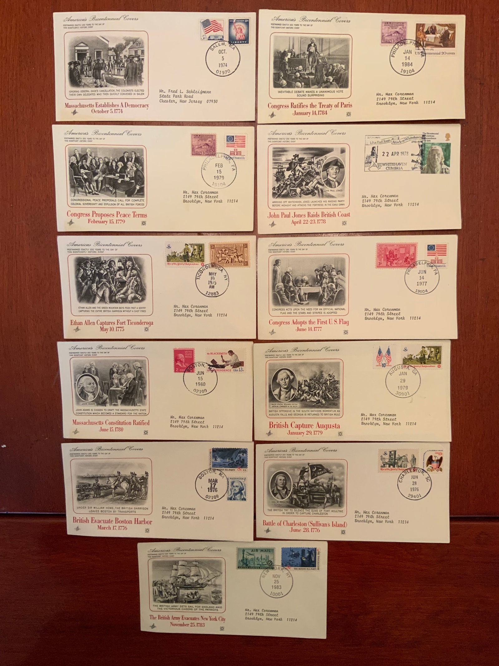 (11) America’s Bicentennial Covers: (11) America’s Bicentennial Covers. Most include a card with a brief story of the stamps used on the cover. Each Cover is in its own plastic sleeve. Not graded.>>>>>>>>>>>>>>READ—-READ—-READ—-
