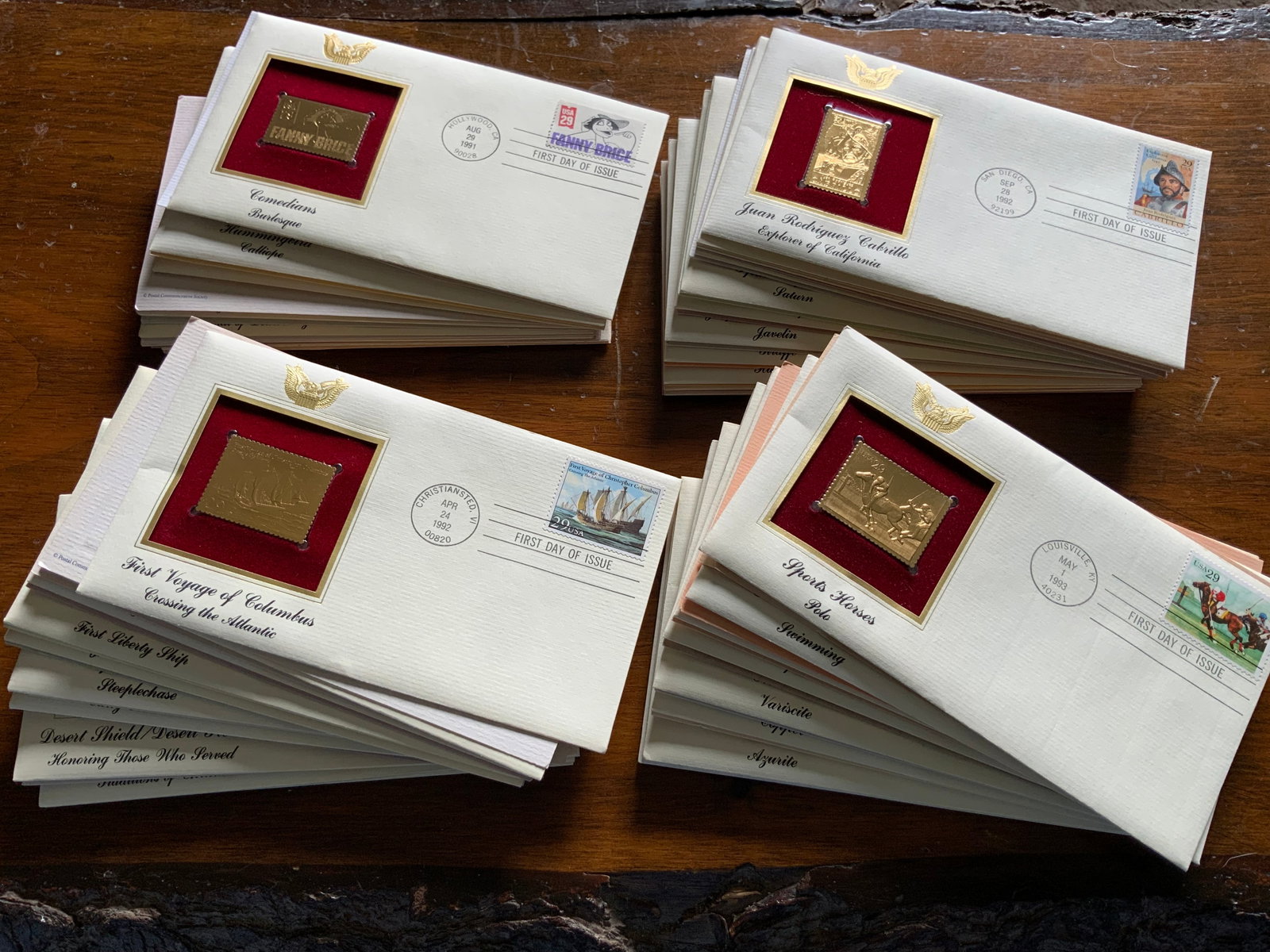 (38) FDC First Day of Issue Covers with 22kt Gold Foil Stamp Replica: (38) FDC First Day of Issue Covers with 22kt Gold Foil Stamp Replica. Most, but not all, covers are accompanied by a provenance card.>>>>>>>>>>>>>>READ—-READ—-READ—-Shipping for this lot is avai