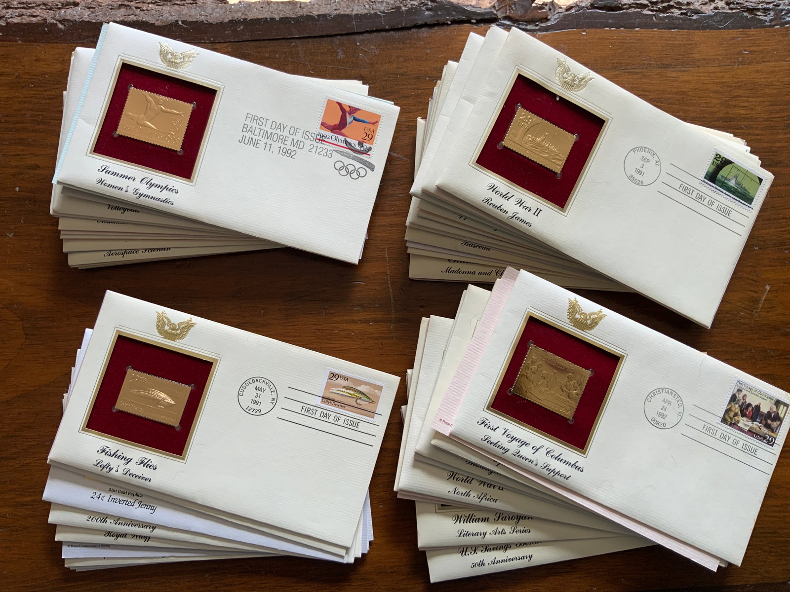(38) FDC First Day of Issue Covers with 22kt Gold Foil Stamp Replica: (38) FDC First Day of Issue Covers with 22kt Gold Foil Stamp Replica. Most, but not all, covers are accompanied by a provenance card.>>>>>>>>>>>>>>READ—-READ—-READ—-Shipping for this lot is avai