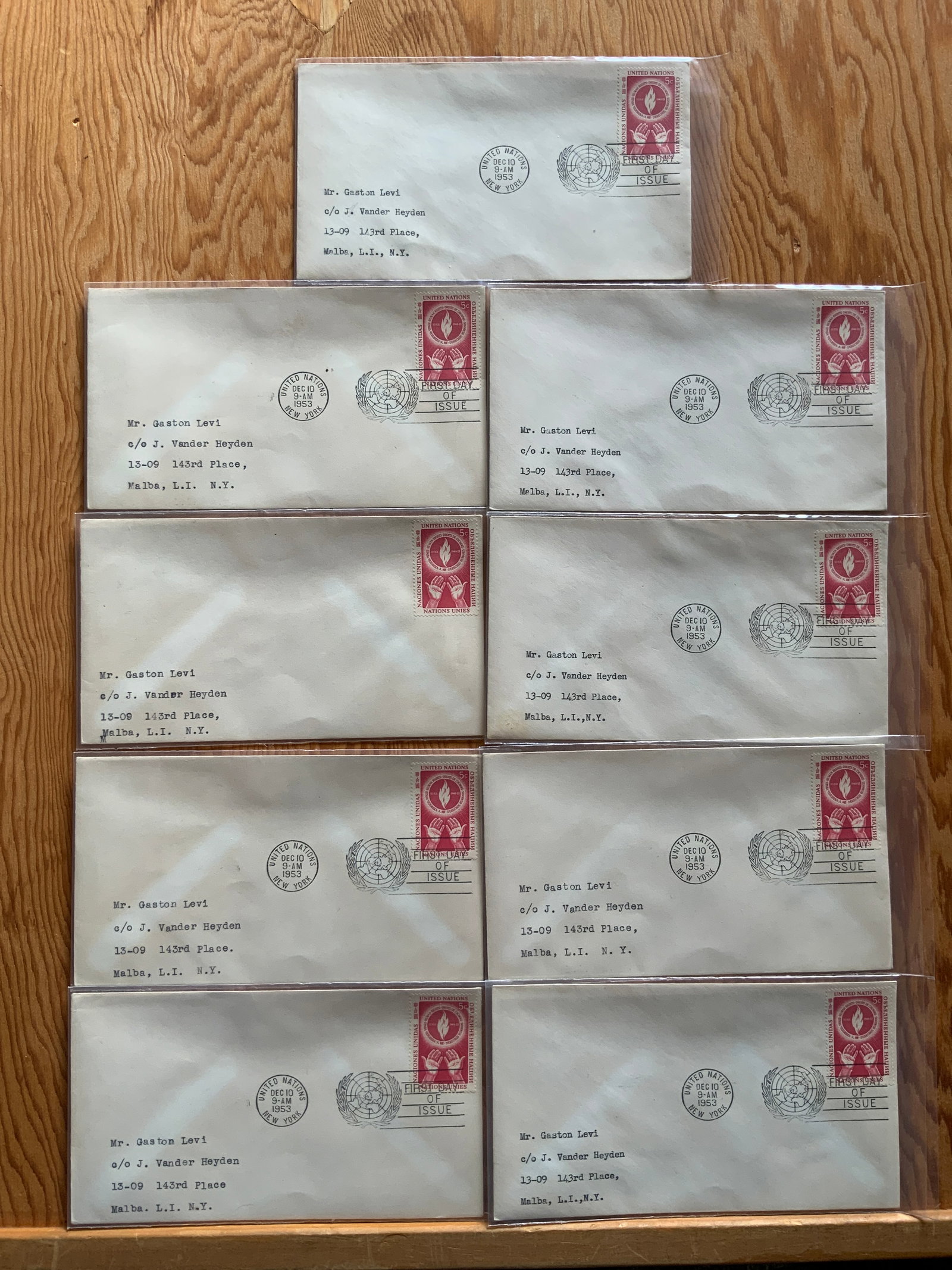 (9) United Nations First Day of Issue Human Rights 1953(red) Addressed Envelope: (9) United Nations First Day of Issue Human Rights 1953(red) Addressed Envelope. 3 3/4” x 6 1/2”. .>>>>>>>>>>>>>>READ—-READ—-READ—-Shipping for this lot is available ONLY THROUGH LIV
