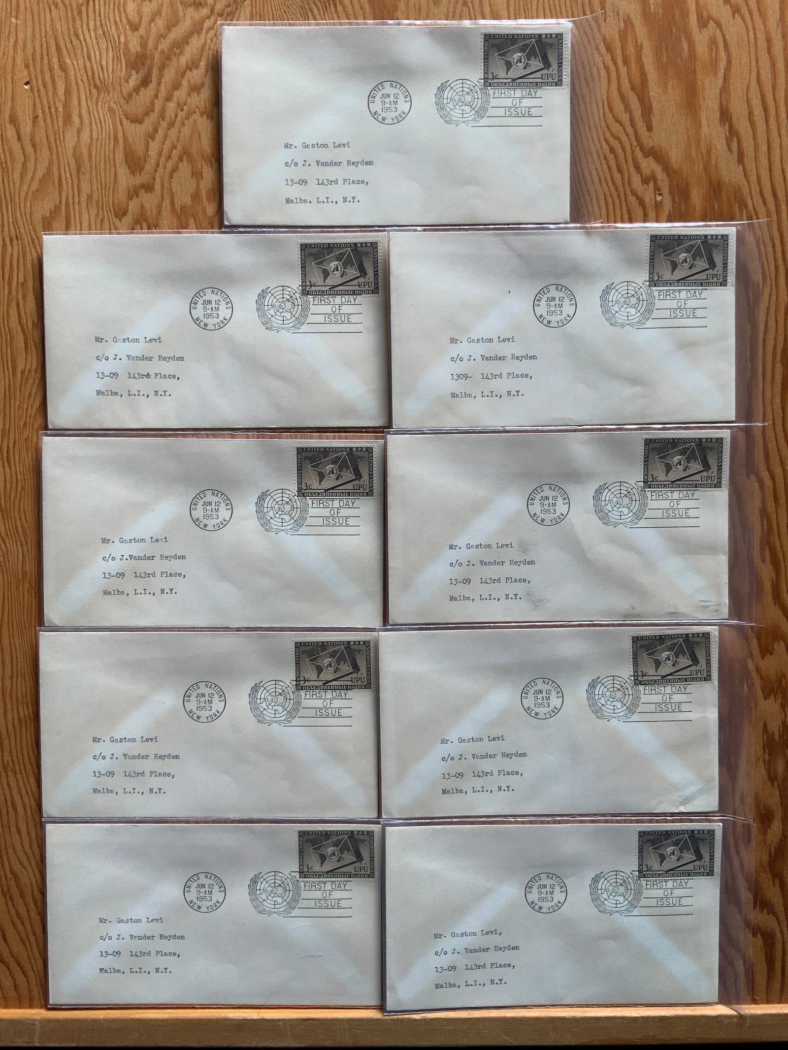 (9) United Nations First Day of Issue UPU(gray) Addressed Envelope: (9) United Nations First Day of Issue UPU(gray) Addressed Envelope. 3 3/4” x 6 1/2”. .>>>>>>>>>>>>>>READ—-READ—-READ—-Shipping for this lot is available ONLY THROUGH LIVEAUCTIONEERS/