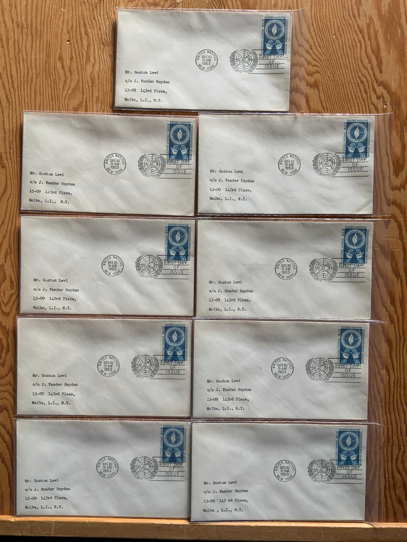 (9) United Nations First Day of Issue Human Rights 1953(blue) Addressed Envelope: (9) United Nations First Day of Issue Human Rights 1953(blue) Addressed Envelope. 3 3/4” x 6 1/2”. .>>>>>>>>>>>>>>READ—-READ—-READ—-Shipping for this lot is available ONLY THROUGH LI