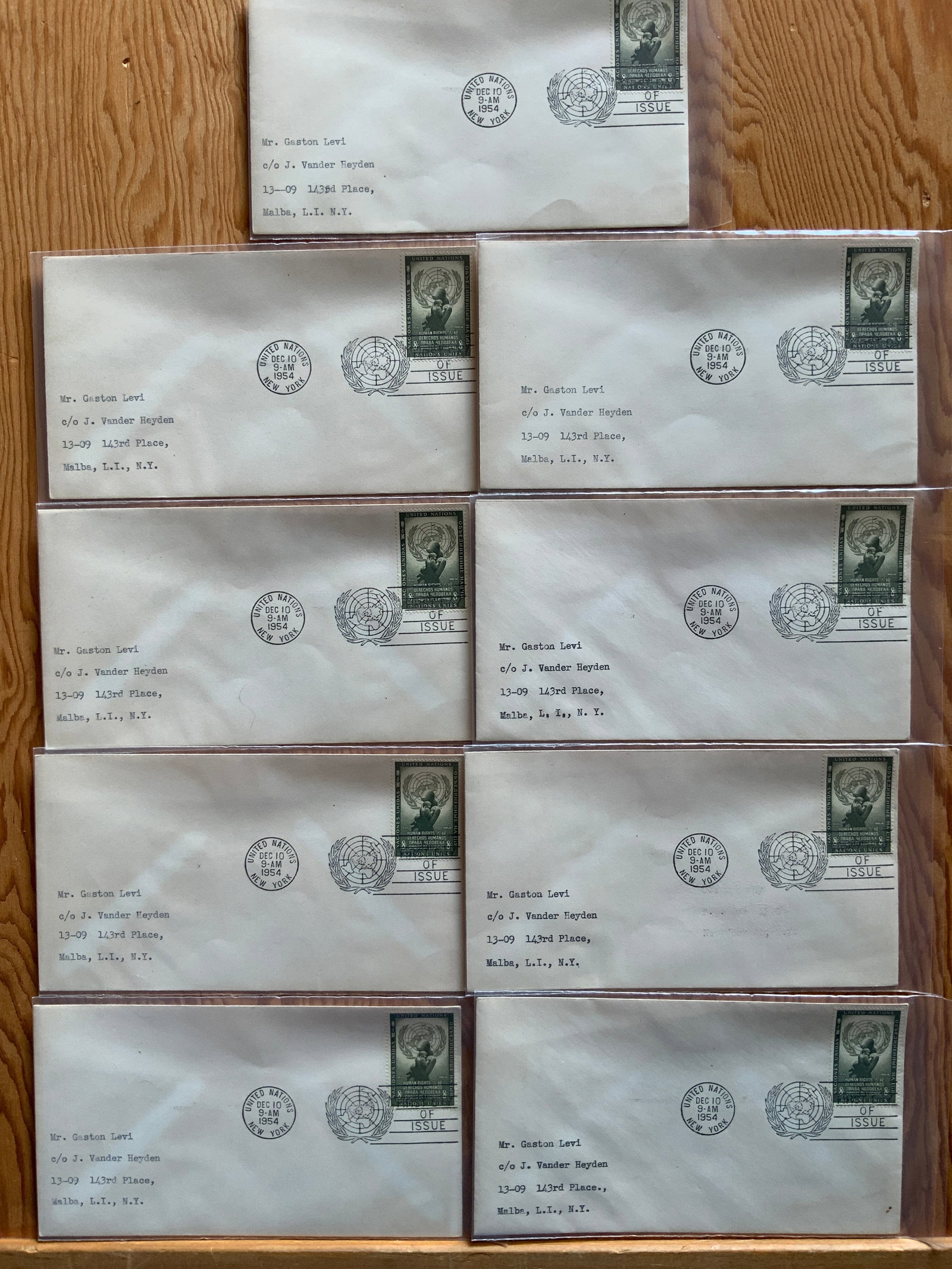 (9) United Nations First Day of Issue Human Rights 1954(green) Addressed Envelope: (9) United Nations First Day of Issue Human Rights 1954(green) Addressed Envelope. 3 3/4” x 6 1/2”. .>>>>>>>>>>>>>>READ—-READ—-READ—-Shipping for this lot is available ONLY THROUGH L