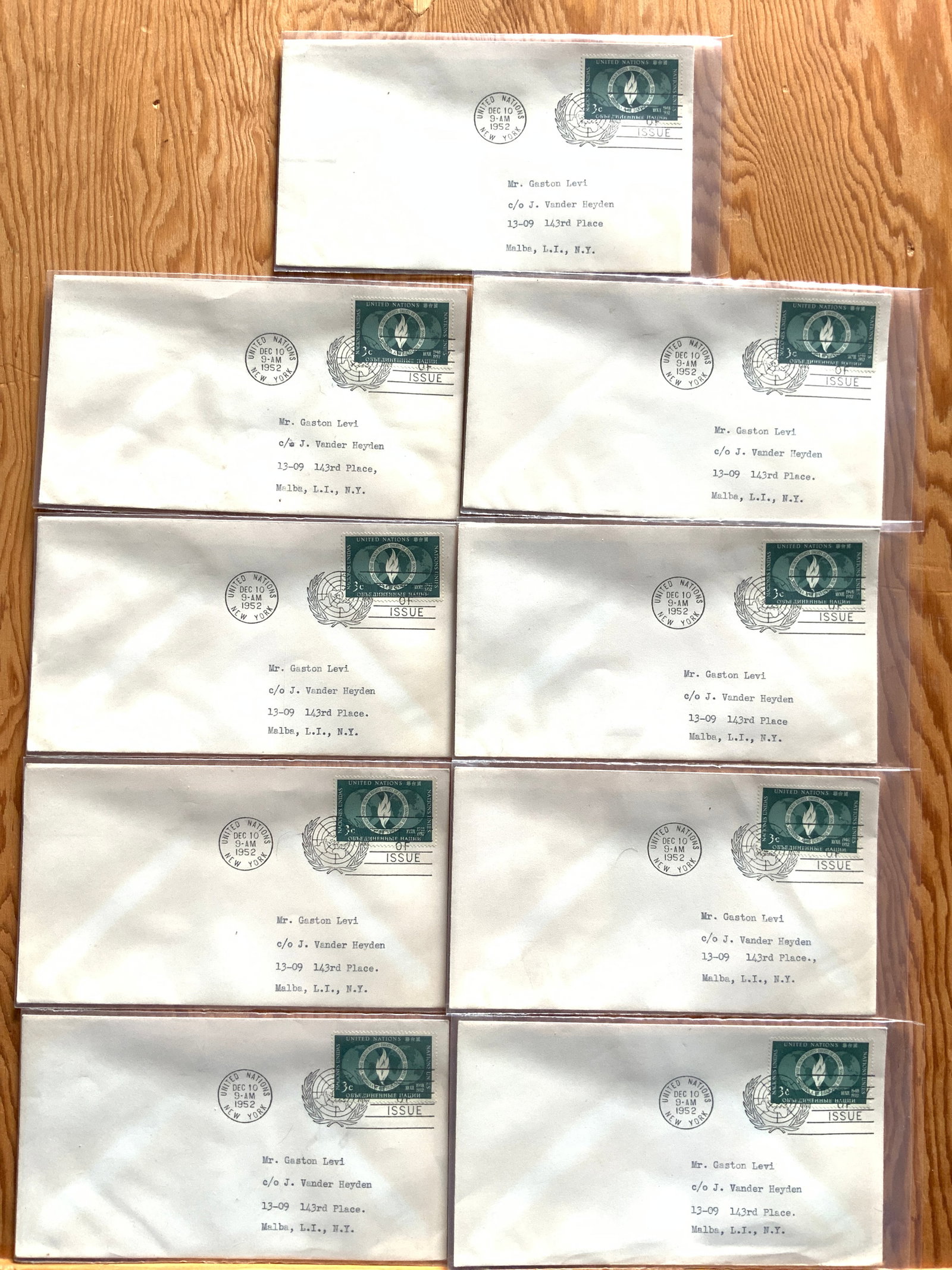 (9) United Nations First Day of Issue Human Rights 1952(green) Addressed Envelope: (9) United Nations First Day of Issue Human Rights 1952(green) Addressed Envelope. 3 3/4” x 6 1/2”. .>>>>>>>>>>>>>>READ—-READ—-READ—-Shipping for this lot is available ONLY THROUGH L