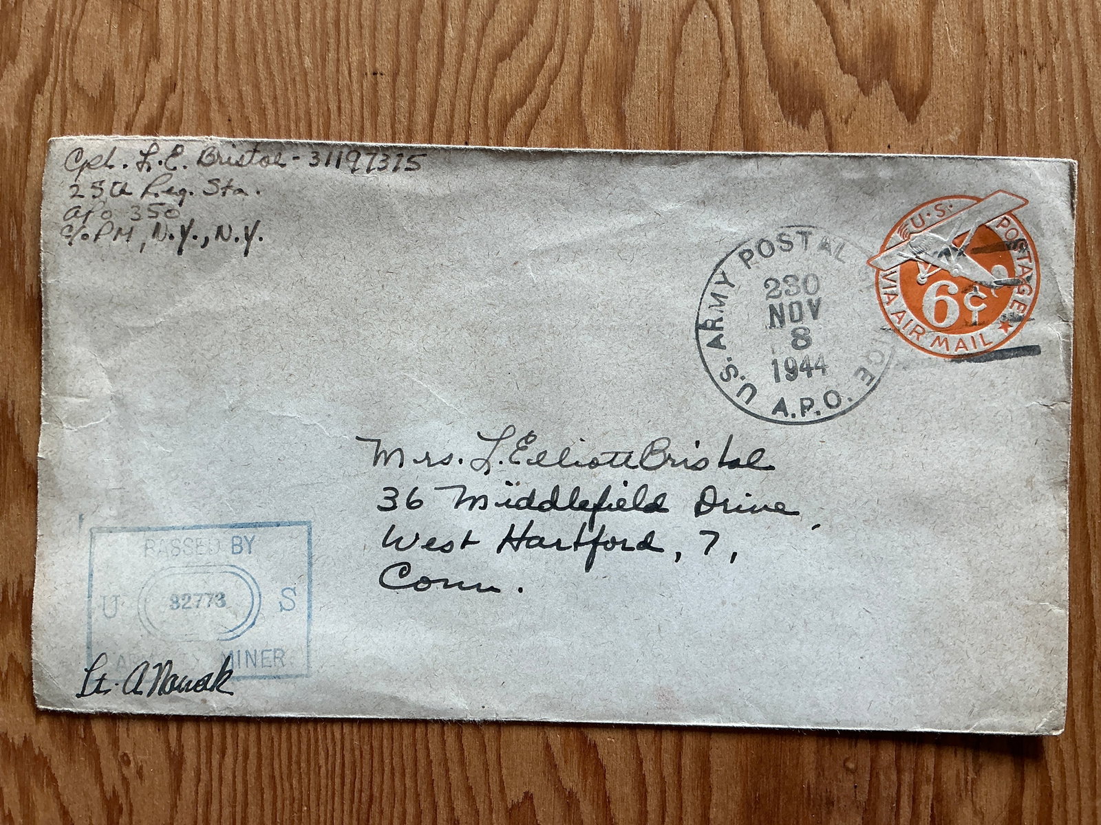 U.S. Army Postal Service Censored Cover NOV 8, 1944 (1 of 2)