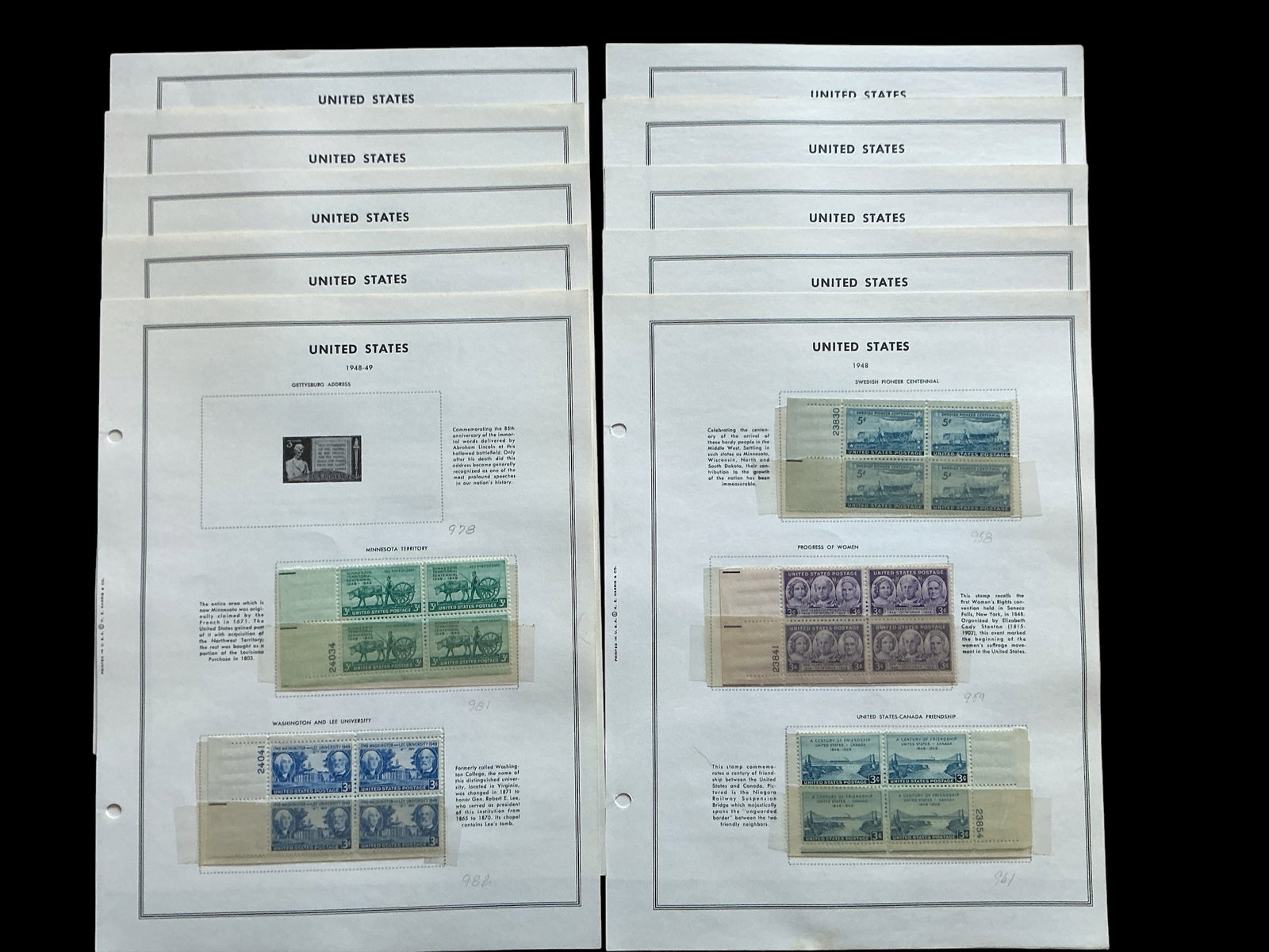 (20) U.S. Plate Blocks 10 pages H.E. Harris & Co.: (20) U.S. Plate Blocks 10 pages H.E. Harris & Co.. Close inspection of the pictures will reveal that homemade mounts were used on these pages. While tape comes perilously close to some plate blocks, a