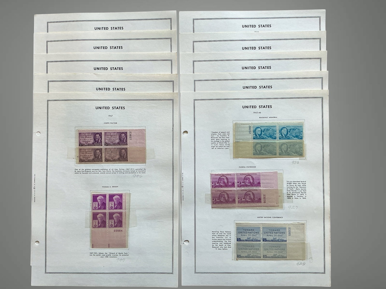 (27) U.S. Plate Blocks 10 pages H.E. Harris & Co.: (27) U.S. Plate Blocks 10 pages H.E. Harris & Co.. Close inspection of the pictures will reveal that homemade mounts were used on these pages. While tape comes perilously close to some plate blocks, a
