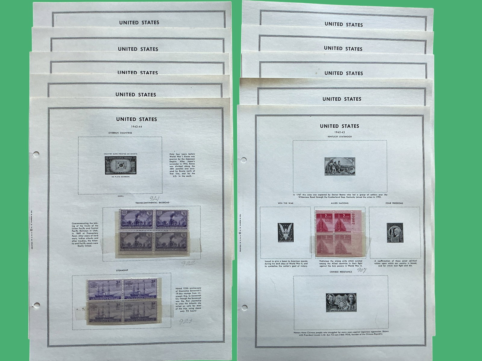 (25) U.S. Plate Blocks 10 pages H.E. Harris & Co.: (25) U.S. Plate Blocks 10 pages H.E. Harris & Co.. Close inspection of the pictures will reveal that homemade mounts were used on these pages. While tape comes perilously close to some plate blocks, a