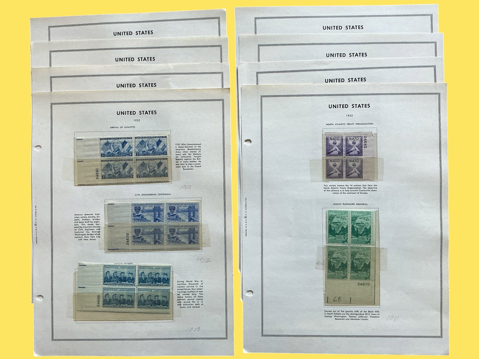 (22) U.S. Plate Blocks 8 pages H.E. Harris & Co.: (22) U.S. Plate Blocks 8 pages H.E. Harris & Co.. Close inspection of the pictures will reveal that homemade mounts were used on these pages. While tape comes perilously close to some plate blocks, al