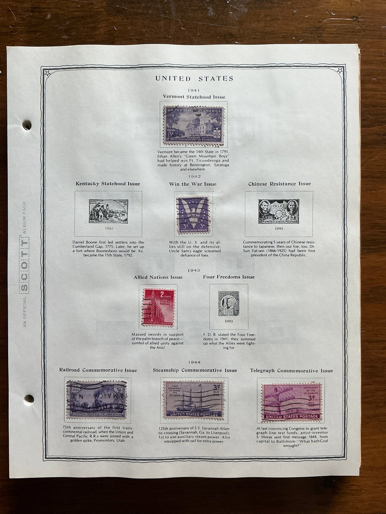 Scott Album Pages and Attached Stamps 1941-1959: Scott Album Pages and Attached Stamps 1941-1959. MANY STAMPS APPEAR READY TO DETACH. HANDLE WITH CARE WHEN OPENING YOUR PACKAGE. All page backs are blank. Some have Christmas or Easter Seals attached.