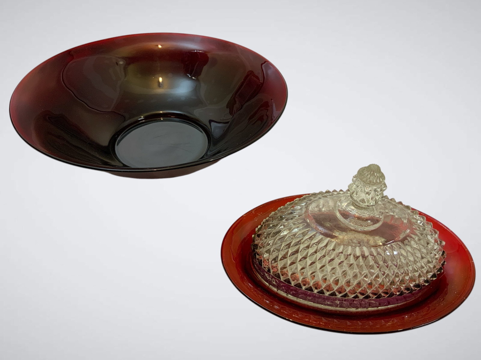 Vtg Ruby Red Glass Salad Bowl & Diamond Cut Butter Dish Applied Color Kings Crown Lid (1 of 3)