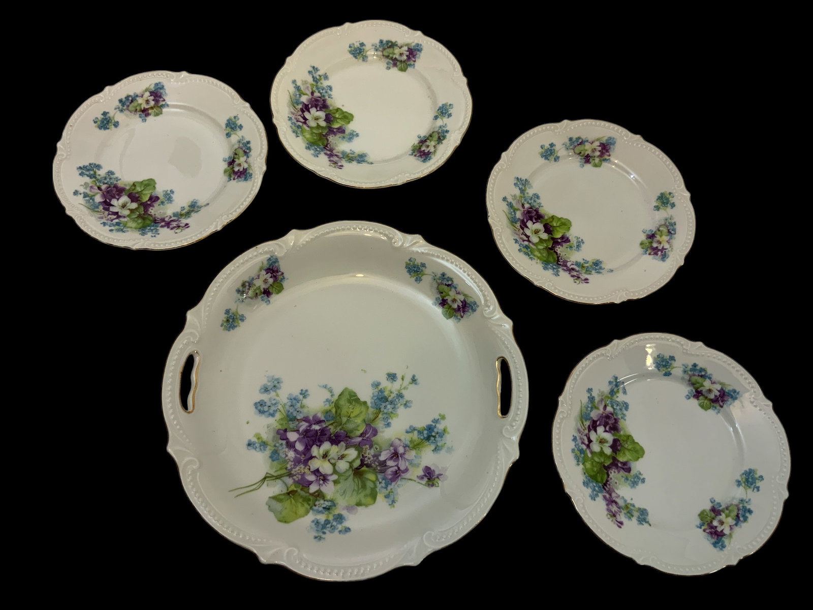 VTG China Cake Plate & Four 6" Dessert Plates Koenigszelt Silesia Violets & Forget-me-nots (1 of 2)