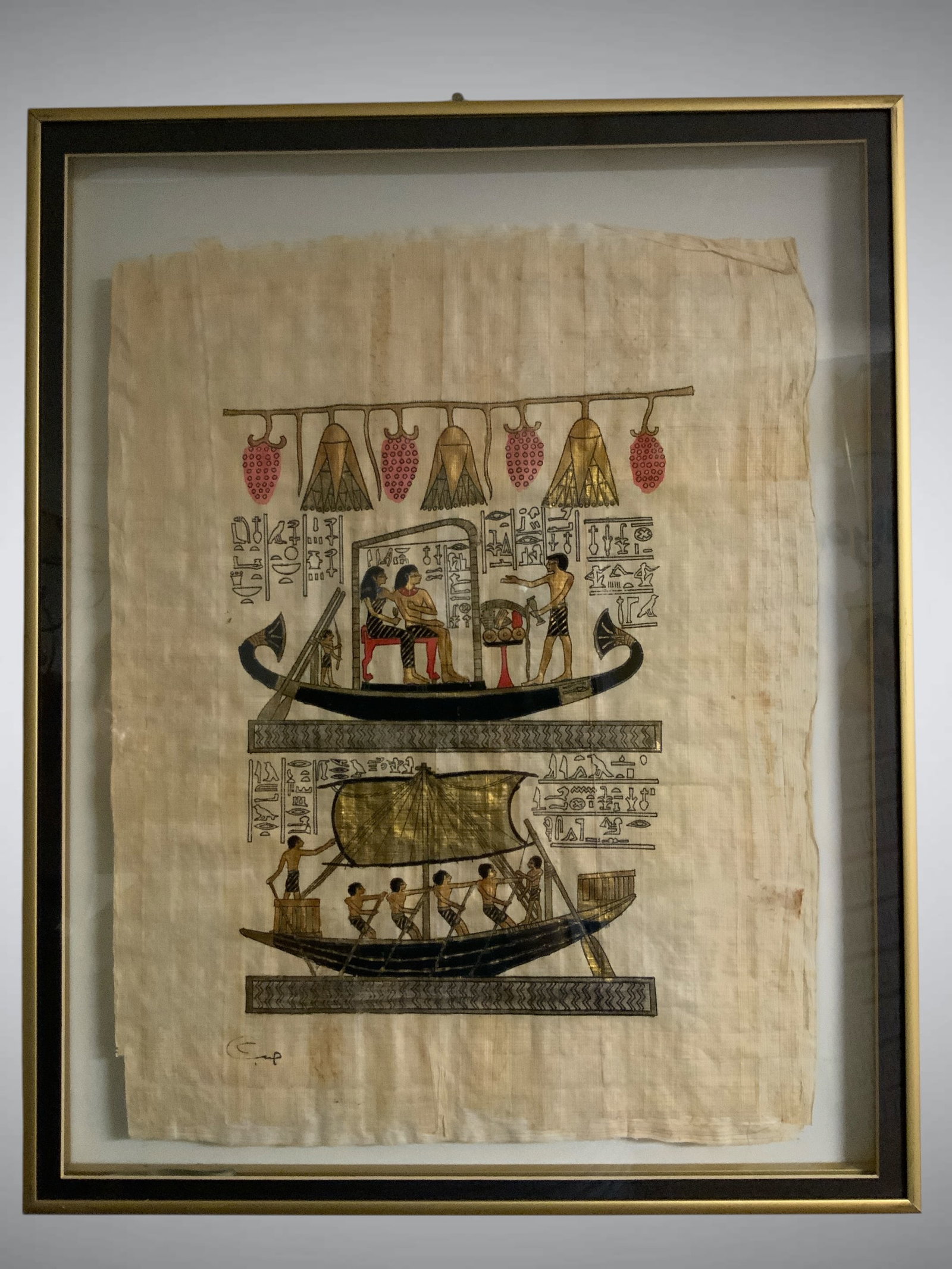 Framed Boats and Heiroglyphs Scene Handpainted on Egyptian Papyrus (1 of 3)