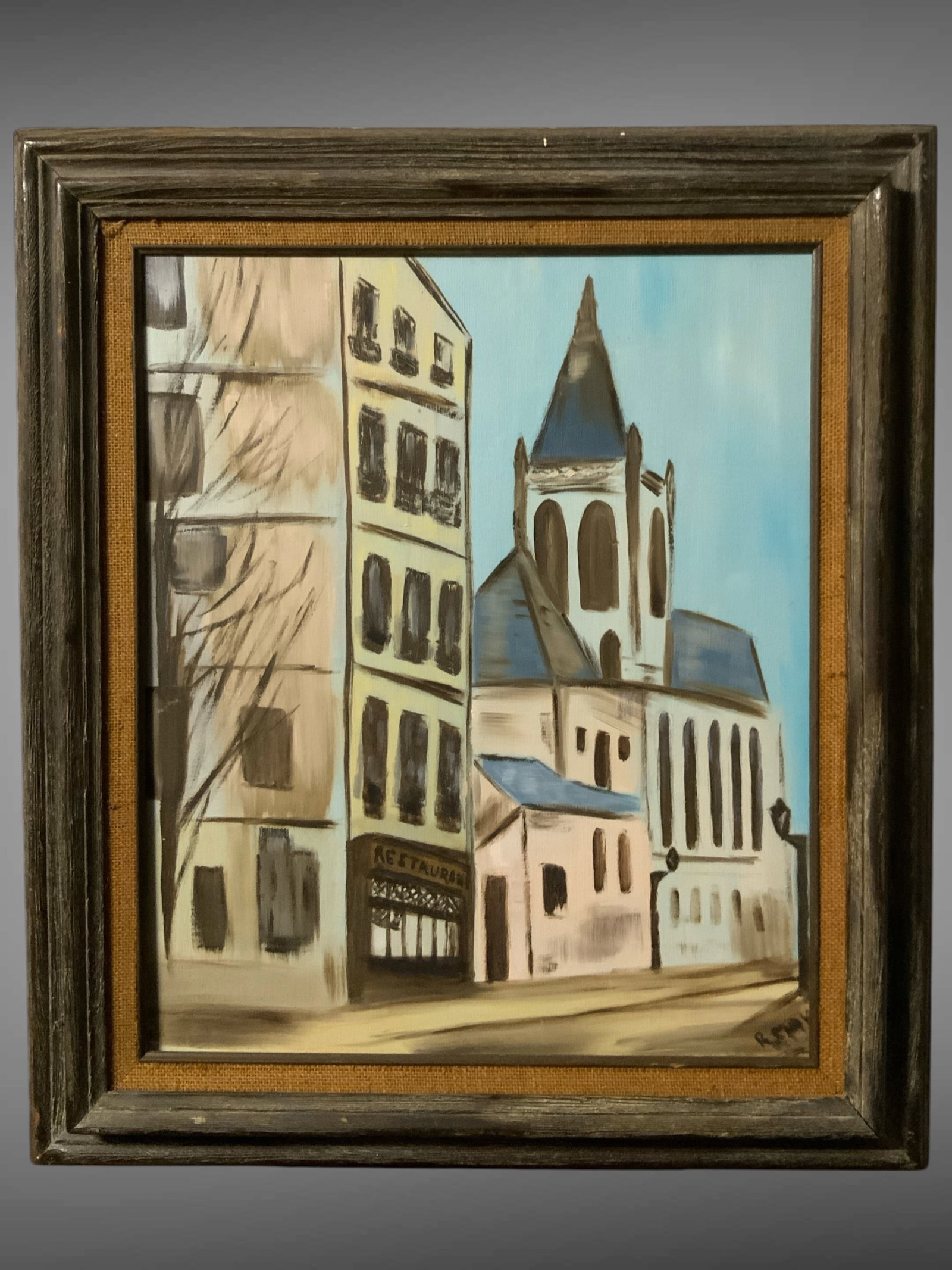 Framed Paint on Canvas European Street Scene: Framed Paint on Canvas European Street Scene. Appears artist signed. 27" x 31". .>>>>>>>>>>>>>>READ—-READ—-READ—-Shipping for this lot is available ONLY THROUGH LIVEAUCTIONEERS/LIVESHIPPING. We 