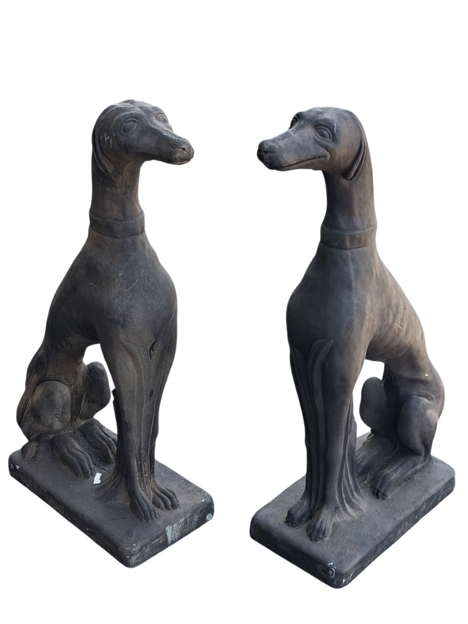 Pair of concrete wippet dog statuary: Pair of concrete wippet dog statuary. Each Wippet stands 30 inches tall the base is 7 1/2 inches wide and 15 inches long. . .>>>>>>>>>>>>>>READ—-READ—-READ—-Shipping for this lot is available ON
