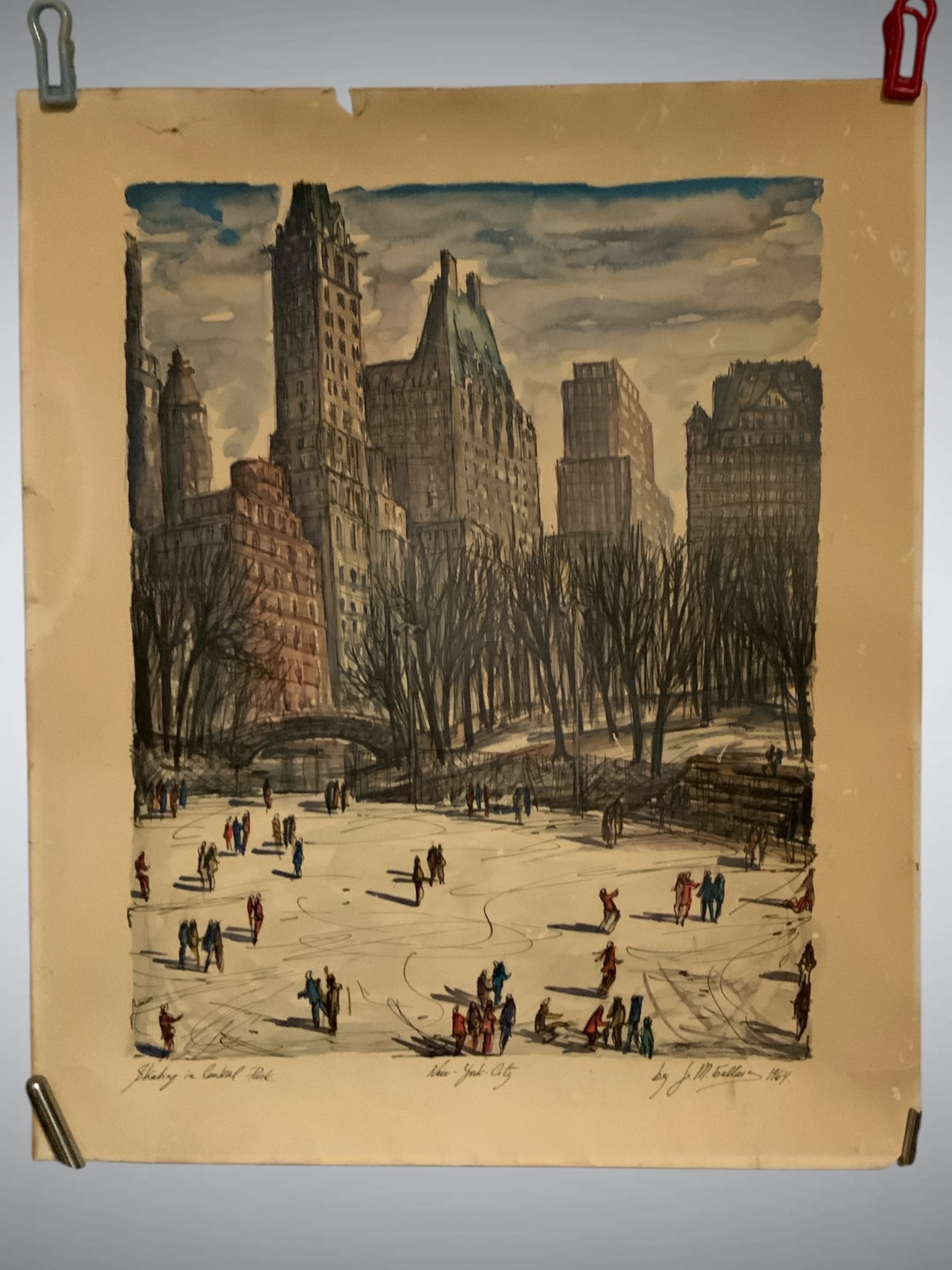 1964 J. M. Gallais 'Skating in Central Park' New York City Art Print (1 of 4)