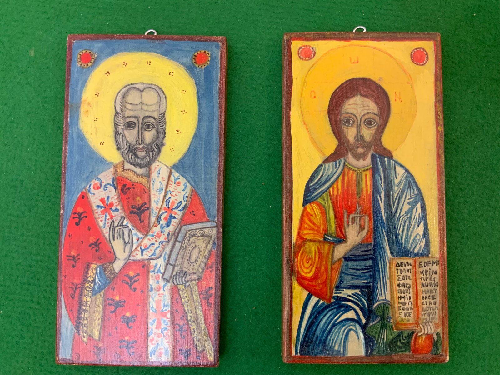 (2) Byzantine-style Christian Icon Replicas Saint Nicholas & Jesus Christ Pantocrator: (2) Byzantine-style Christian Icon Replicas Saint Nicholas & Jesus Christ Pantocrator. Each is 4 3/4" x 10". .>>>>>>>>>>>>>>READ—-READ—-READ—-Shipping for this lot is available ONLY THROUGH LIVE