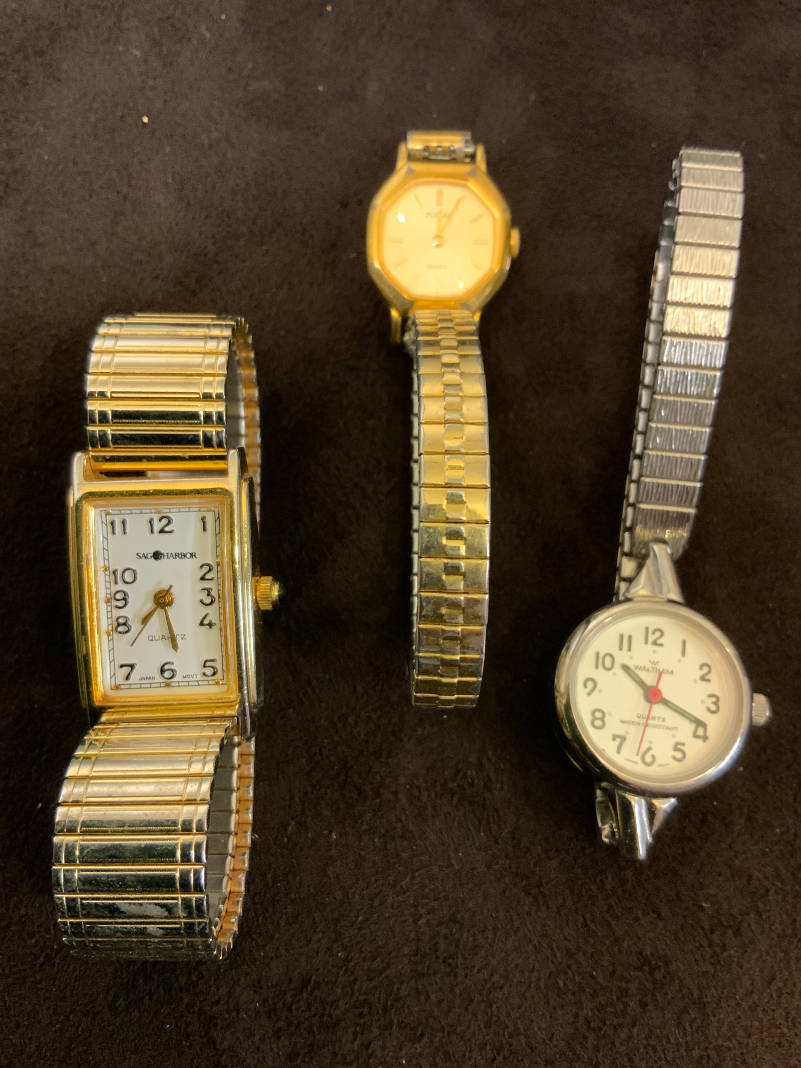 (3) Vtg Ladies’ Sag Harbor Waltham Pulsar Wristwatches: (3) Vtg Ladies’ Sag Harbor Waltham Pulsar Wristwatches . Untested. .>>>>>>>>>>>>>>READ—-READ—-READ—-Shipping for this lot is available ONLY THROUGH LIVEAUCTIONEERS/LIVESHIPPING. We advise all 
