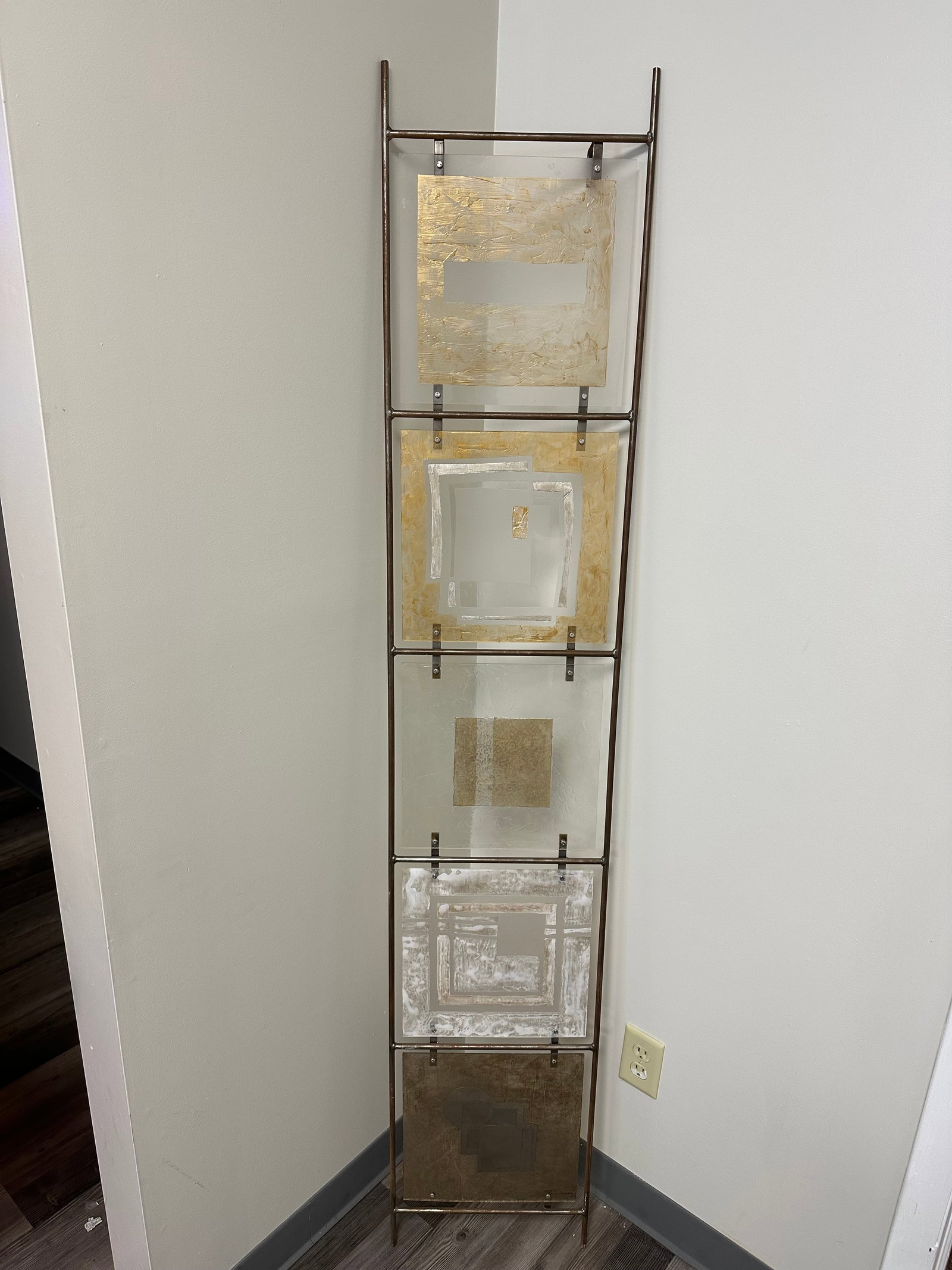 Contemporary Abstract Metal and Glass Wall Panel Signed: Contemporary Abstract Metal and Glass Wall Panel Signed. 13 3/4" x 73 1/4". .>>>>>>>>>>>>>>READ—-READ—-READ—-Shipping for this lot is available ONLY THROUGH LIVEAUCTIONEERS/LIVESHIPPING. We advi