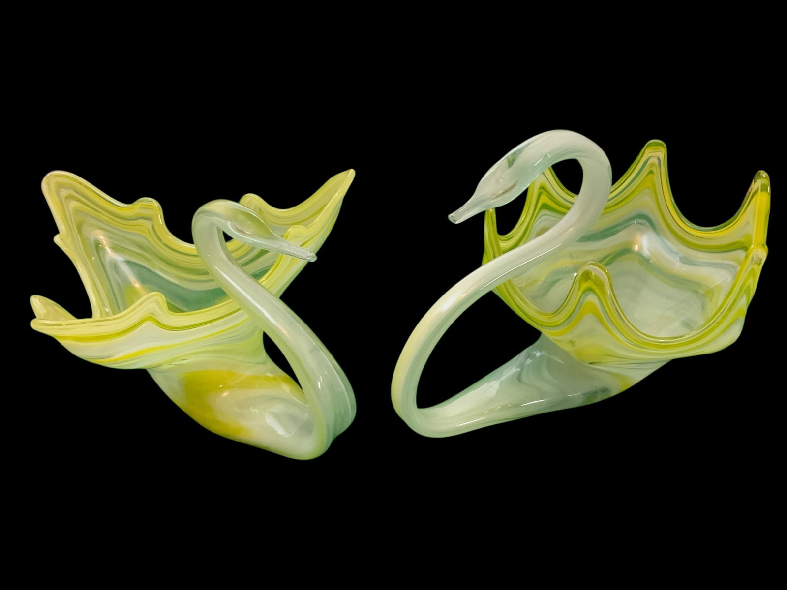 (2) Murano-style Art Glass Swan Bowls Yellow-green Swirls (1 of 8)