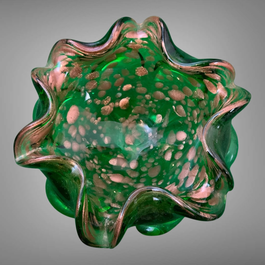 Vintage Murano(attributed) Green Art Glass Bowl with Metallic Inclusions (1 of 3)
