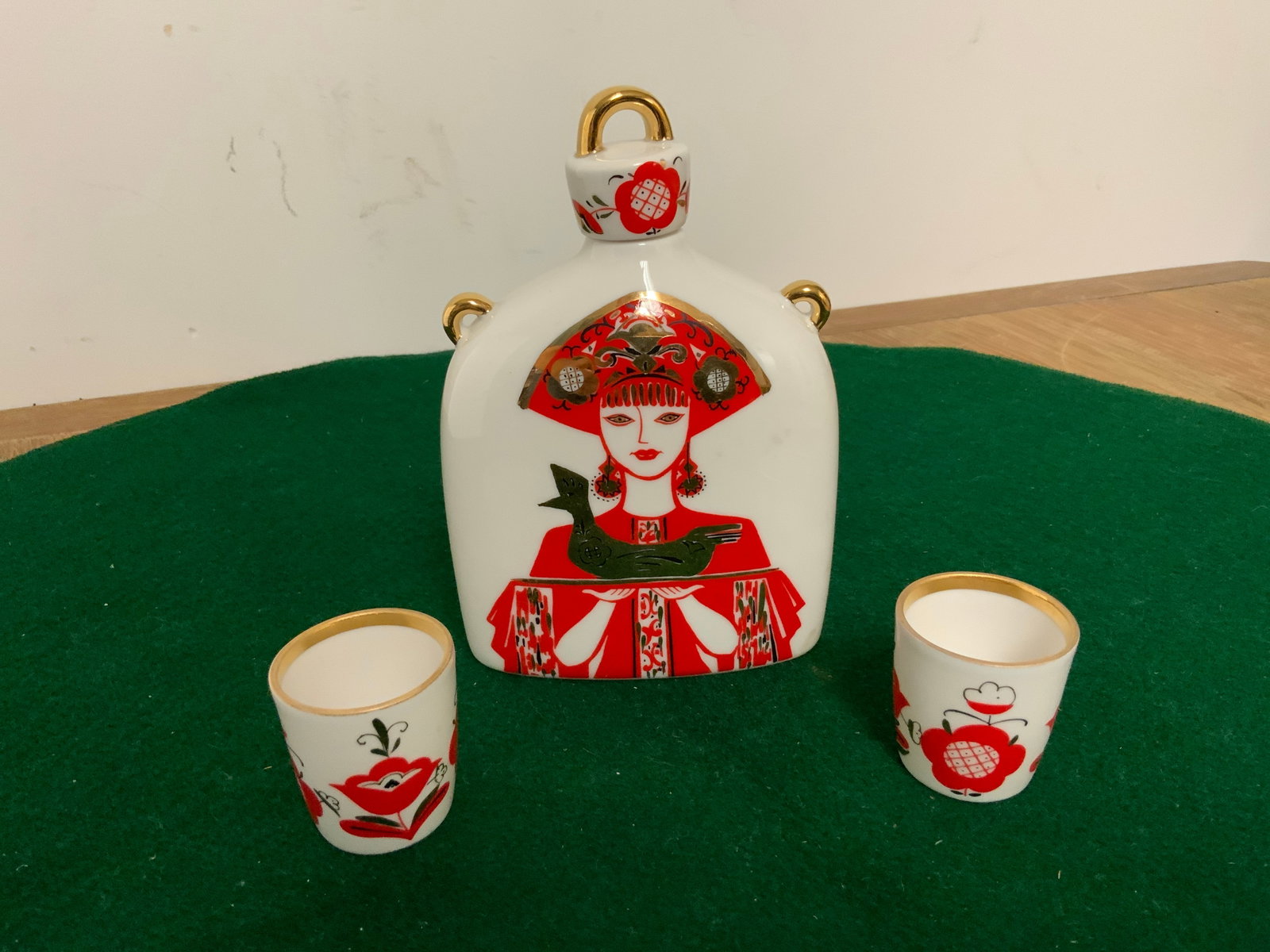 Vtg Lomonosov Porcelain Vodka Decanter & 2 Glasses Woman and Rooster Hand-decorated (1 of 2)