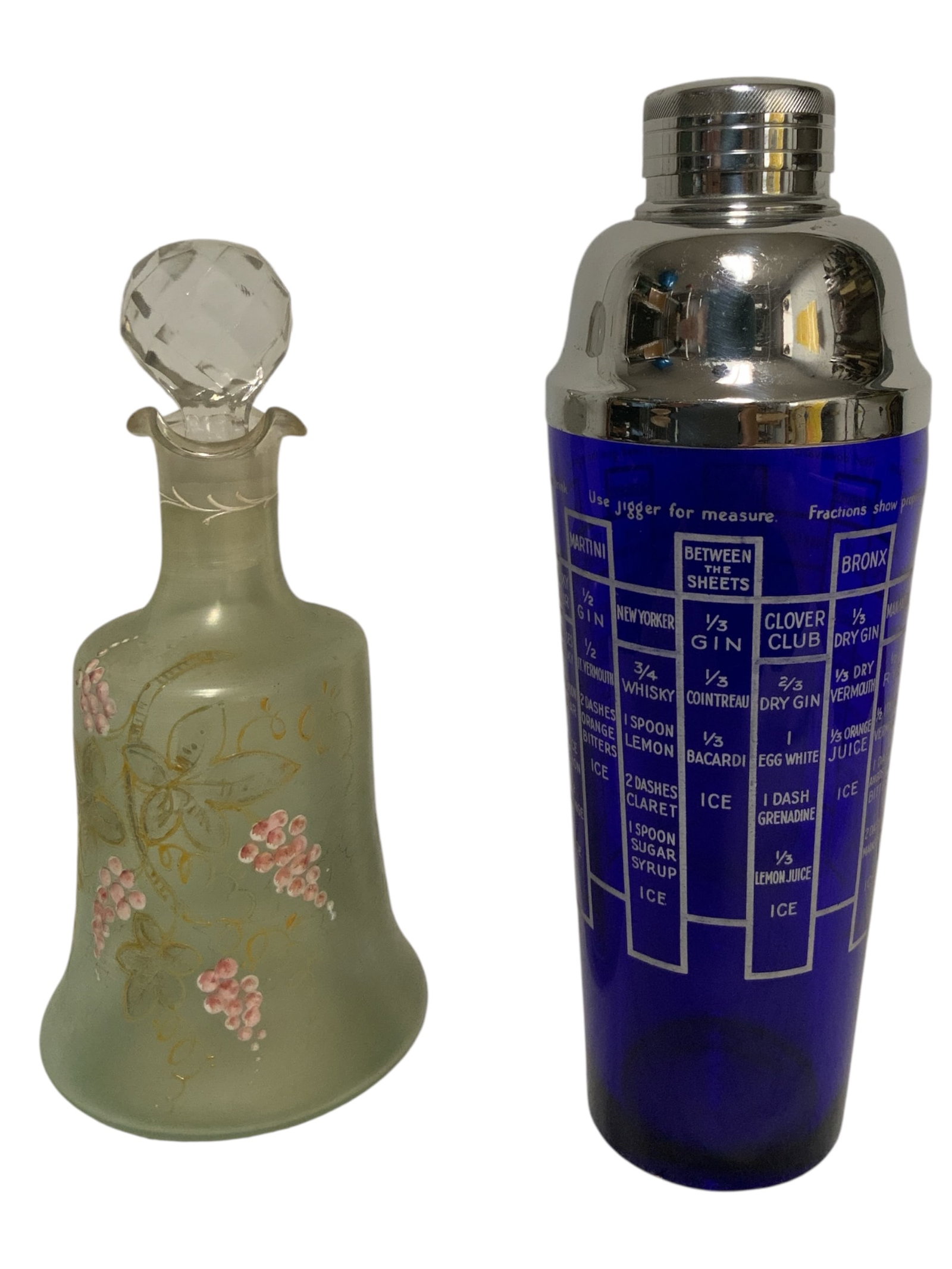 Barware: Hazel Atlas Cobalt Drink Shaker/Strainer & Botanical Decorated Decanter (1 of 8)