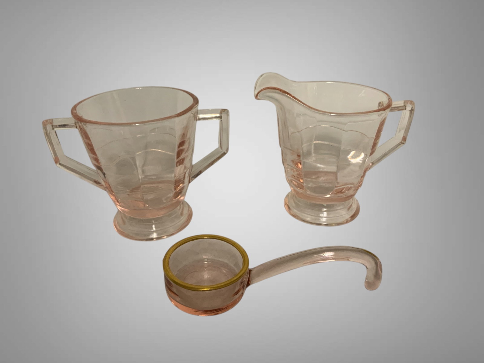 Depression Glass Sugar & Creamer with Gold-trimmed Condiment Spoon Delicate Pink Color: Depression Glass Sugar & Creamer with Gold-trimmed Condiment Spoon Delicate Pink Color. Much more pleasing to the eye than the camera would capture. .>>>>>>>>>>>>>>READ—-READ—-READ—-Shipping for