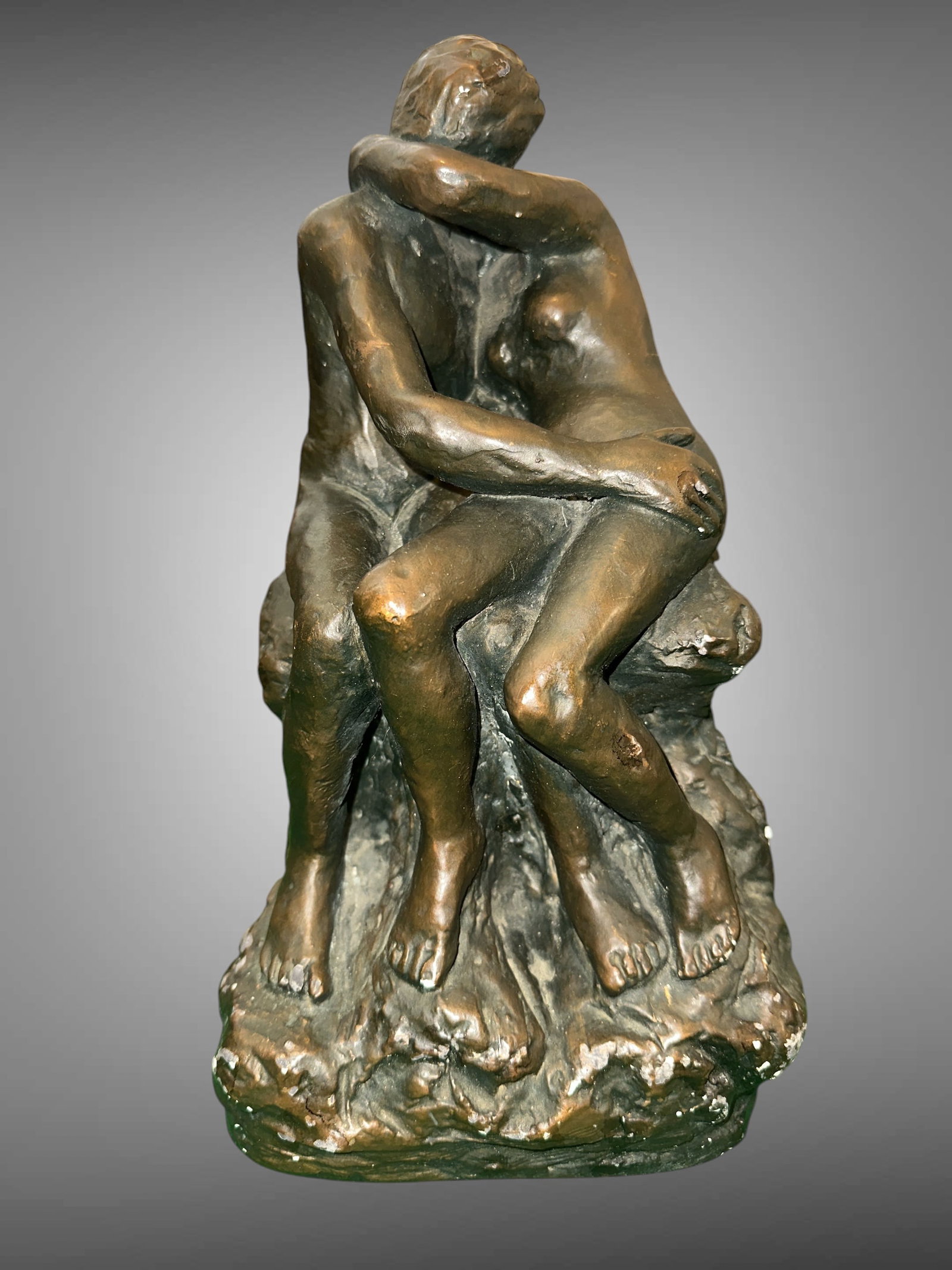 The Kiss Sculpture Bronze Finish over Plaster or Ceramic Marwal Ind Inc.: The Kiss Sculpture Bronze Finish over Plaster or Ceramic Marwal Ind Inc. Fleabites scattered that could easily be touched up. No significant missing material. 7" square x 12" tall. .>>>>>>>>>>>>>>READ